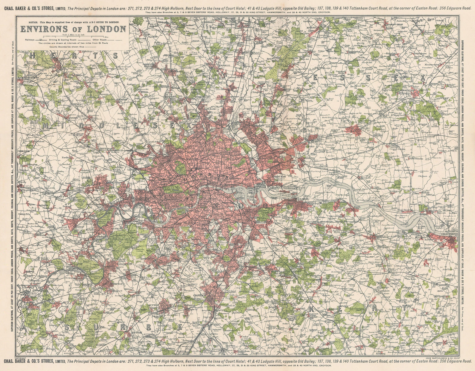 J.G. Bartholomew, The Environs of London, 1910 c