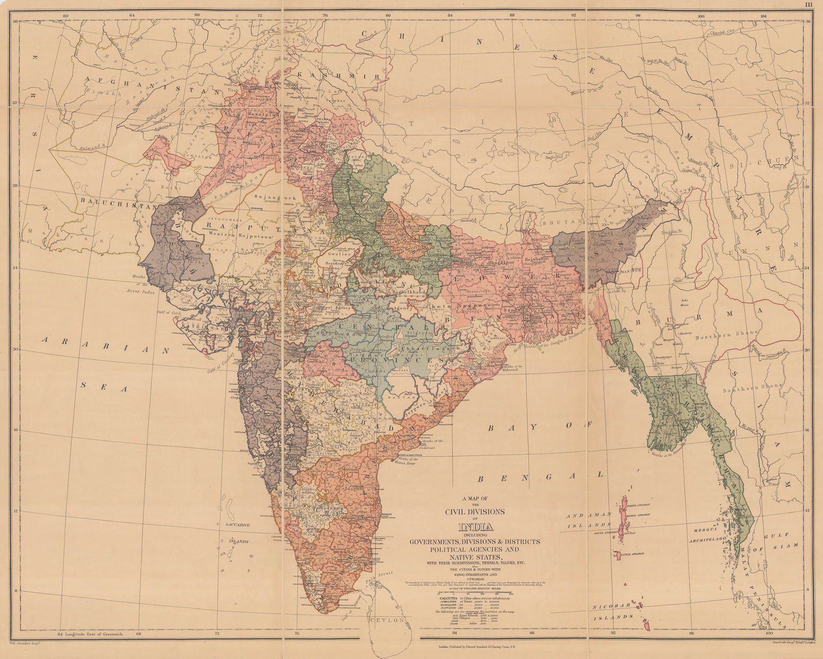 Edward Stanford, A New Map of the Civil Divisions of India, 1889