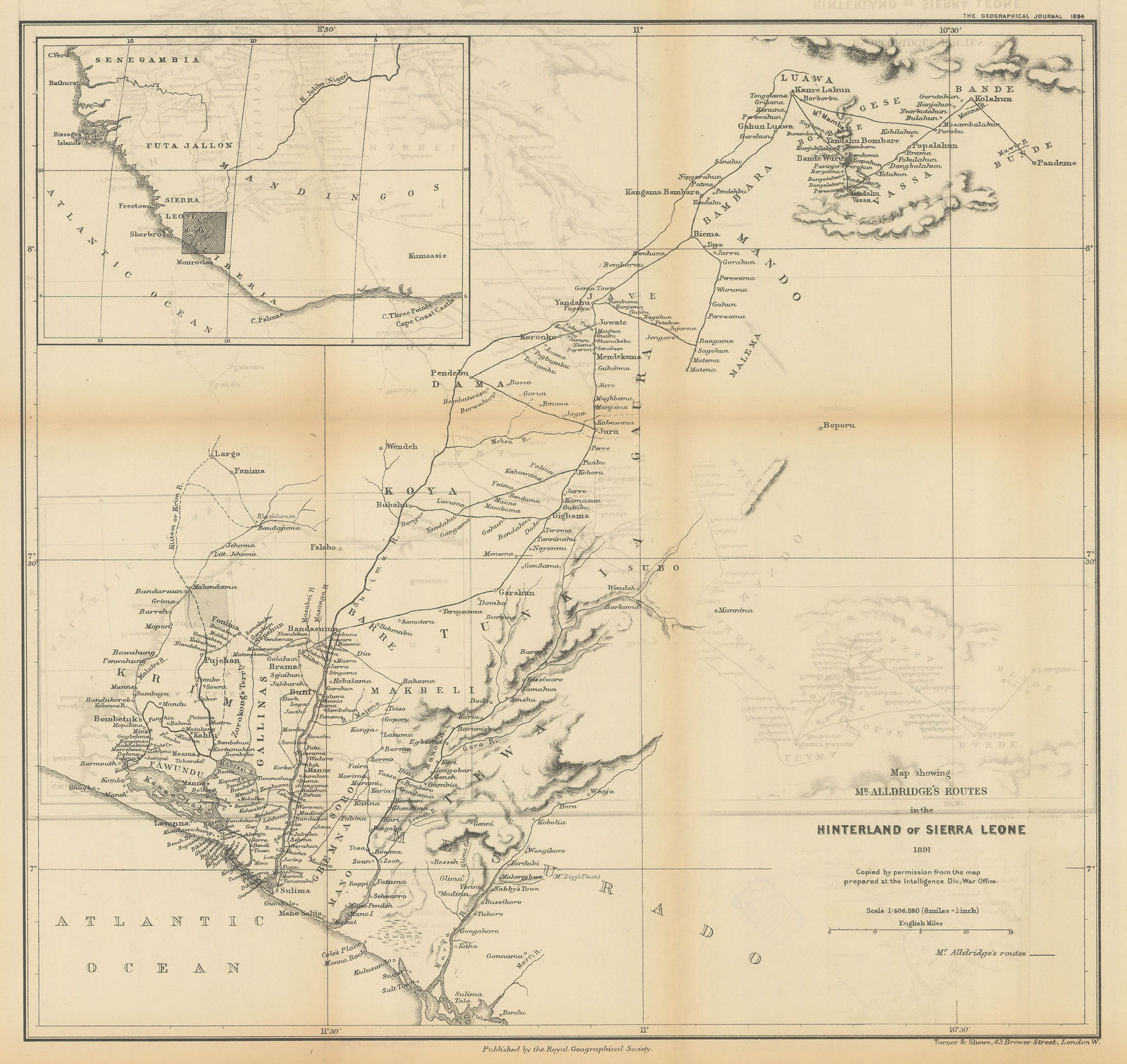 Royal Geographical Society (RGS), Map showing Mr Alldridge's Routes in the Hinterland of Sierra Leone, 1894