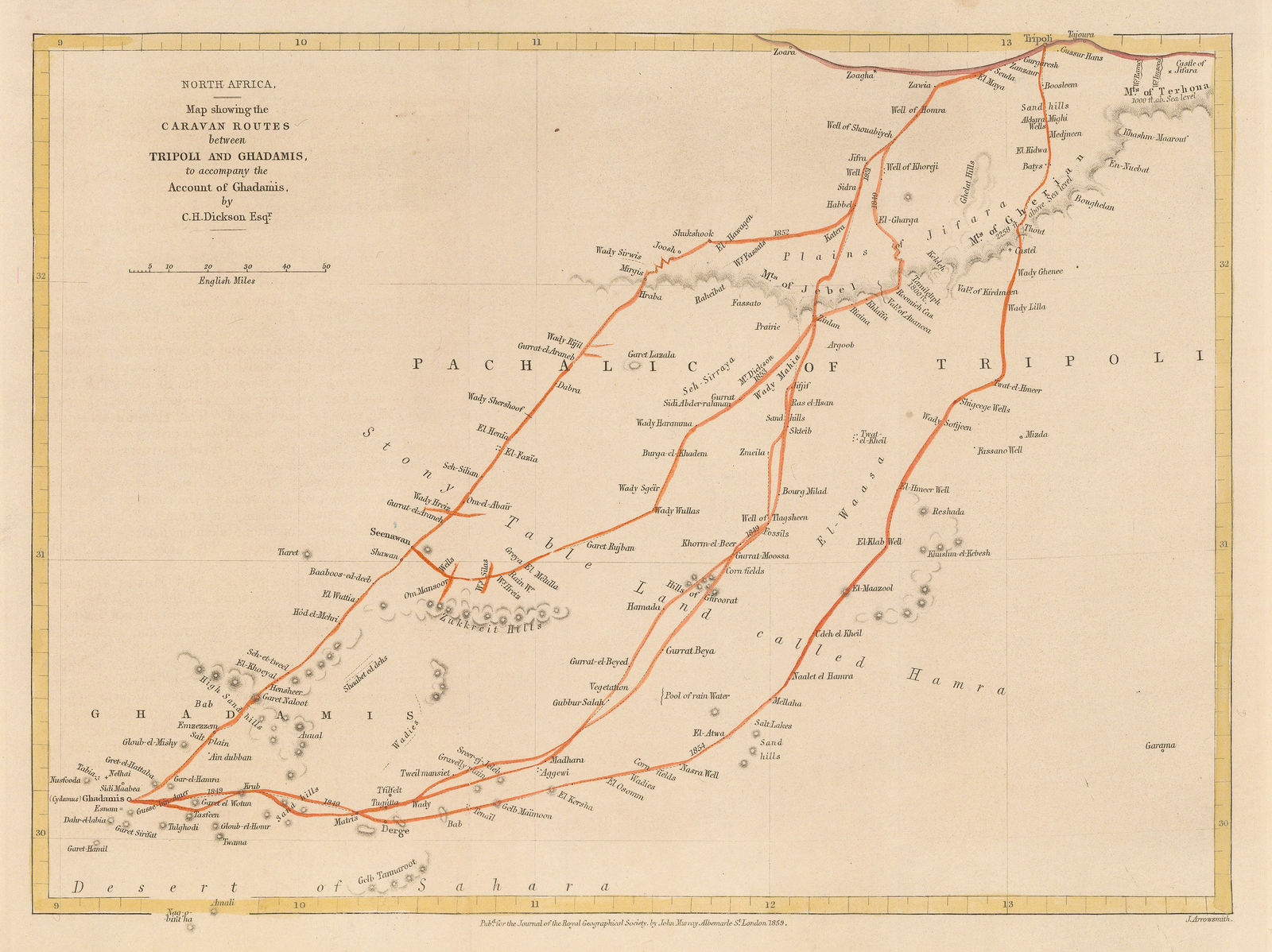 Royal Geographical Society (RGS), North Africa - Map Showing the Caravan routes between Tripoli and Ghadamis, 1859