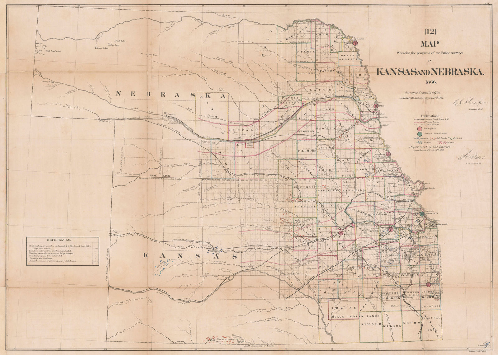 General Land Office (GLO), Map showing the progress of the Surveys in Kansas and Nebraska, 1866