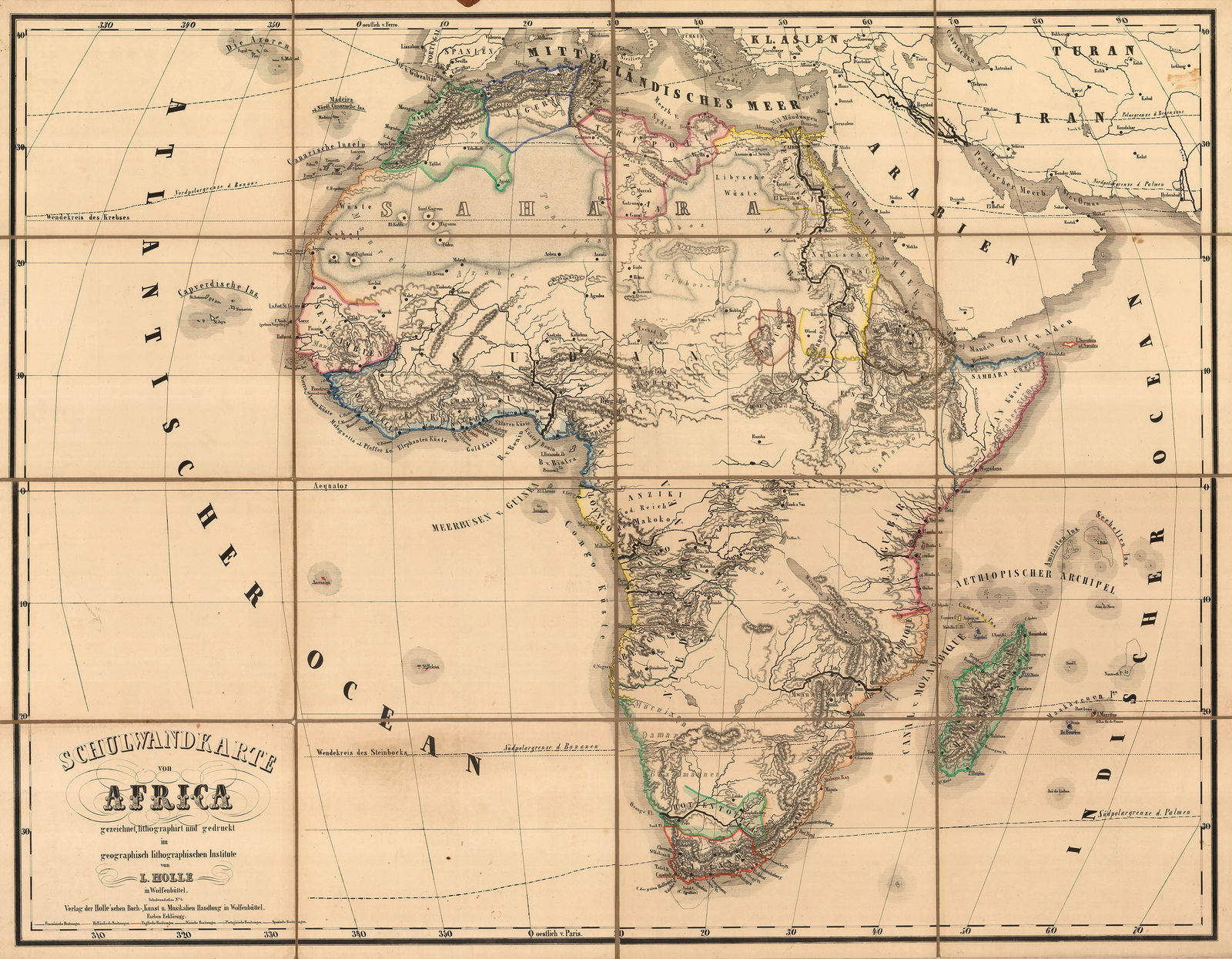 Leinhert Holle, Very rare German educational map of Africa, 1855 c.