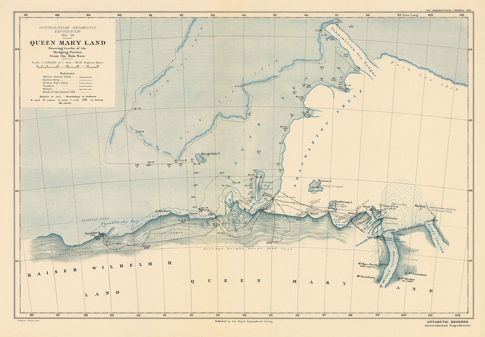 Royal Geographical Society (RGS), Australasian Antarctic Expedition, 1911 - 14. Queen Mary Land, Showing the tracking of the Sledging Parties from the Main Base, 1914