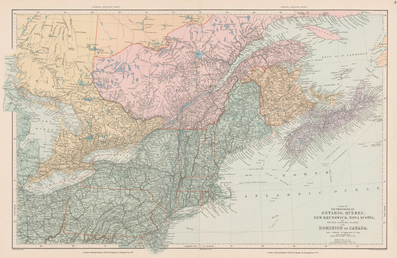 Edward Stanford, Ontario, Quebec, New Brunswick & Nova Scotia, 1896