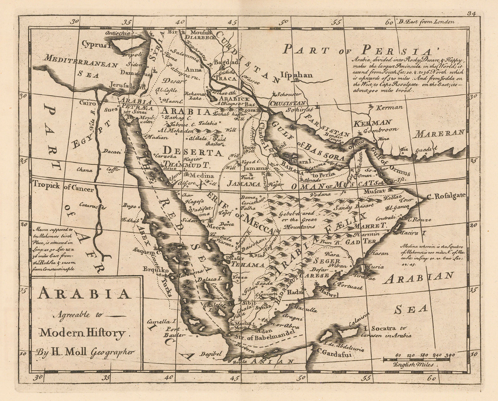 Herman Moll, Arabia Agreable to Modern History, 1750 c.