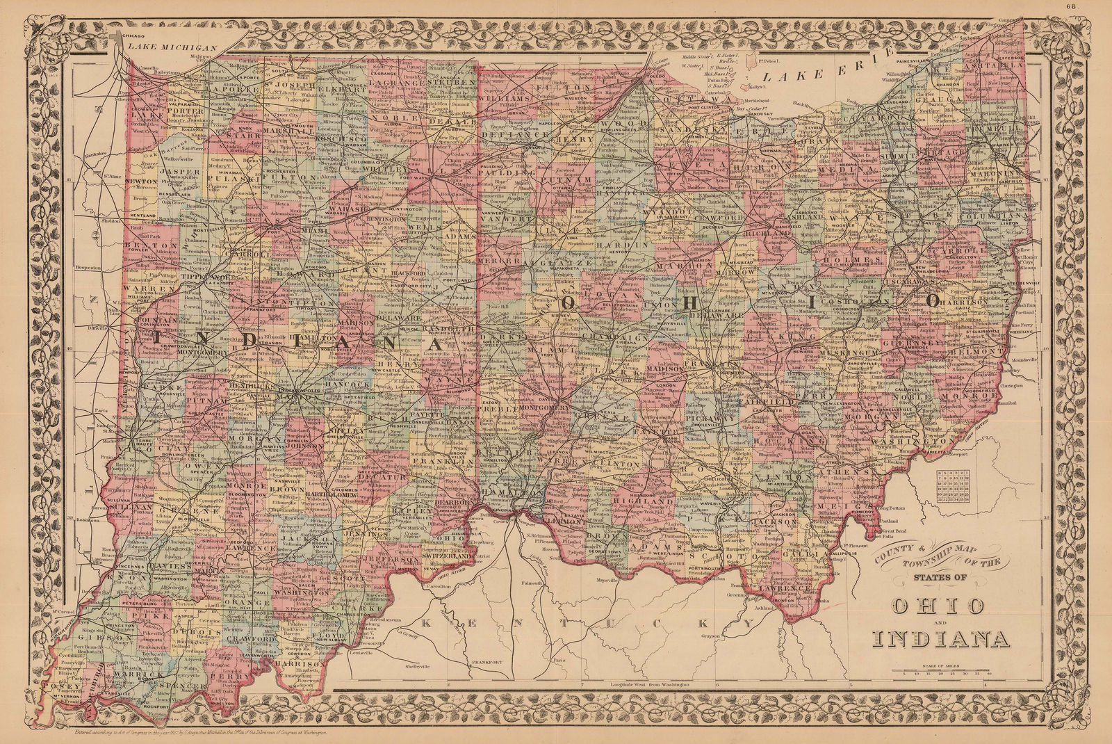 Samuel Augustus Mitchell, County & Township Map of the States of Ohio and Indiana, 1882