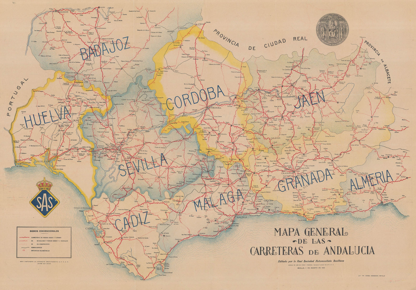 José María Piñar y Pickman, Vintage road map of Andalucia, 1924