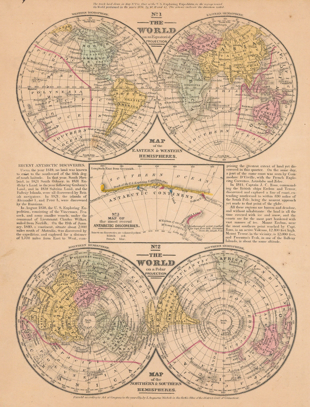 Samuel Augustus Mitchell, The World, the World on a Polar Projection & recent Antarctic Discoveries, 1847 (c.)