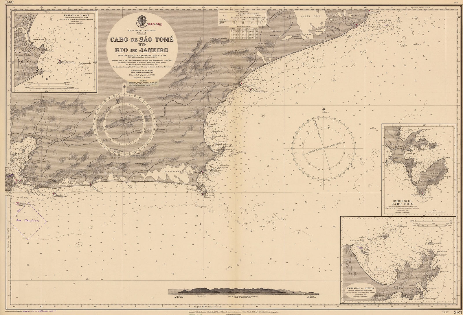 British Admiralty, Chart of the Brazilian coast from Rio de Janeiro to Cabo Sao Tome, 1958