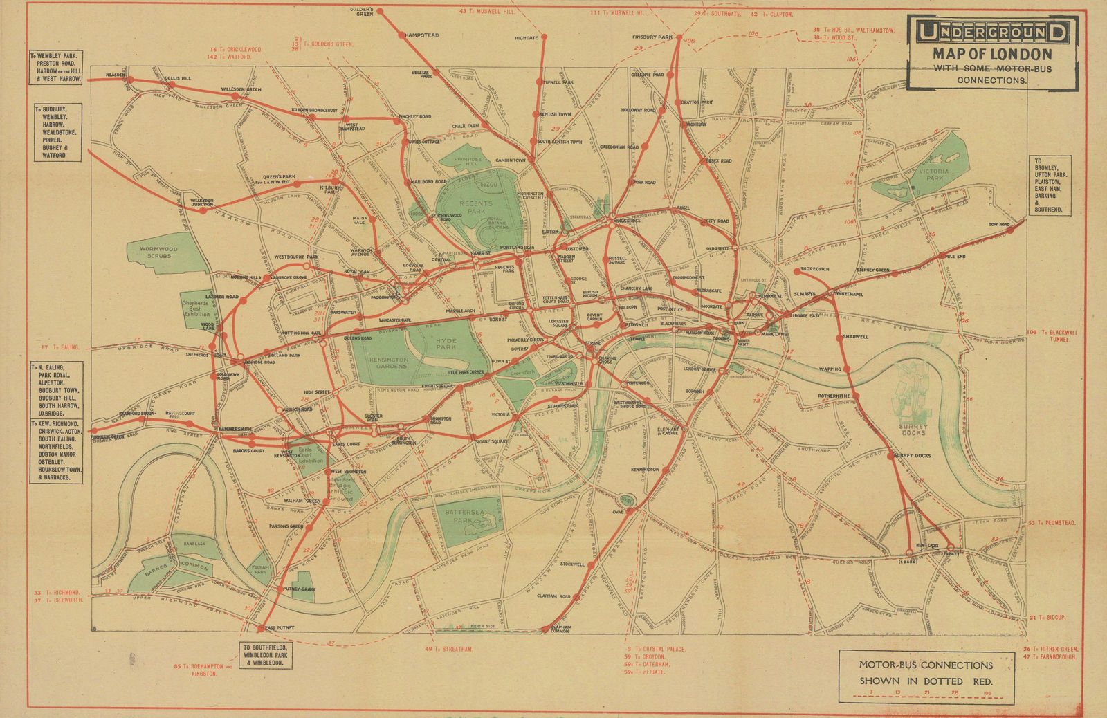 London Underground, Underground Map of London with some Motor Bus Extensions, 1916