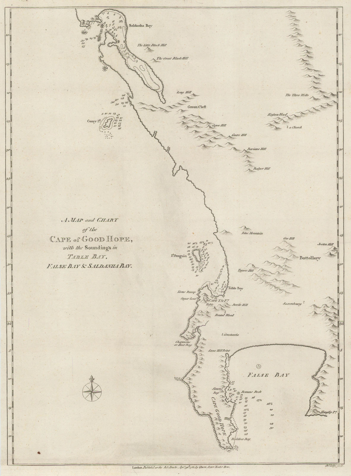 John Bew, A Map and Chart of the Cape of Good Hope, with the Soundings in Table Bay, False Bay & Saldaniia Bay, 1781