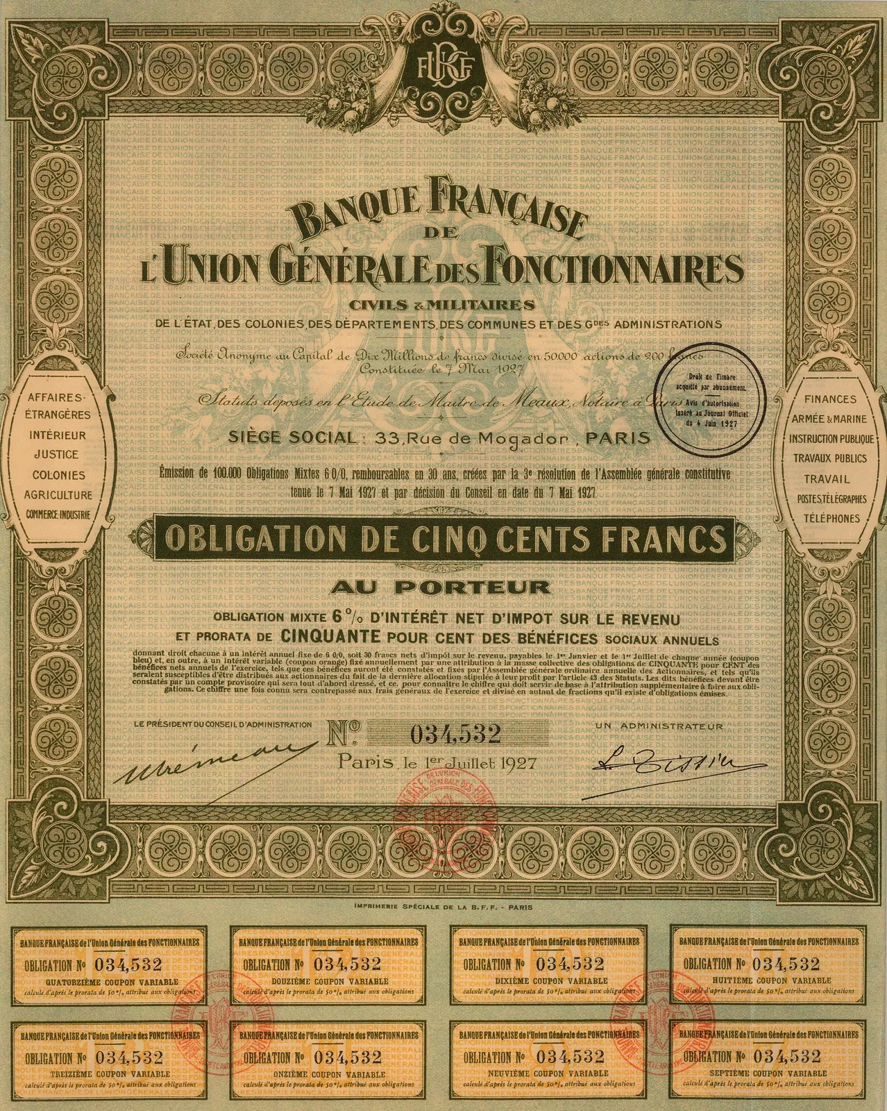 Imprimerie Speciale, Stocks & Bonds - France, Banque Francaise de l'Union Generale des Fonctionnaires, 1927