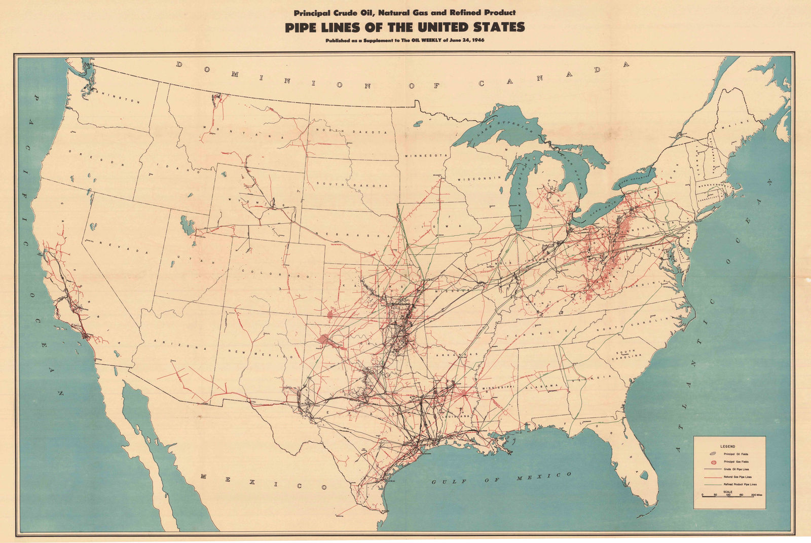 Oil Weekly, Principal Crude Oil, Gas and Refined Product Pipelines of the United States, 1946