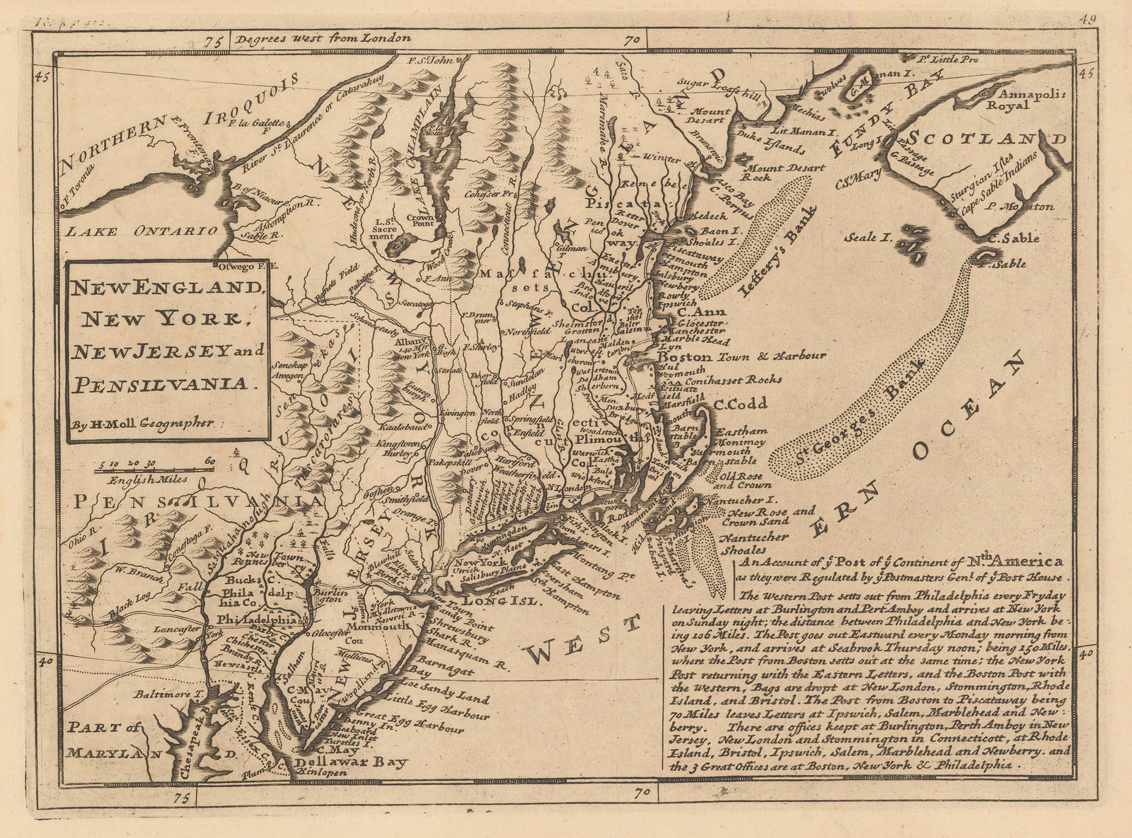 Herman Moll, New England, New York, New Jersey and Pennsilvania, 1755 c.