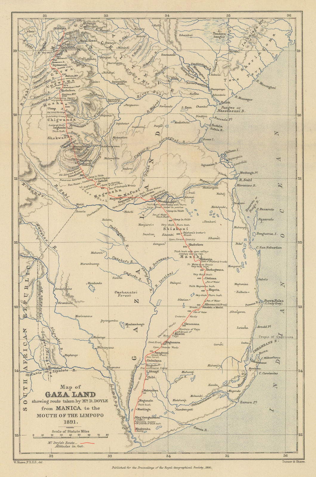 Royal Geographical Society (RGS), Map of Gaza Land showing route taken by Mr.D. Doyle from Manica to the Mouth of the Limpopo, 1891