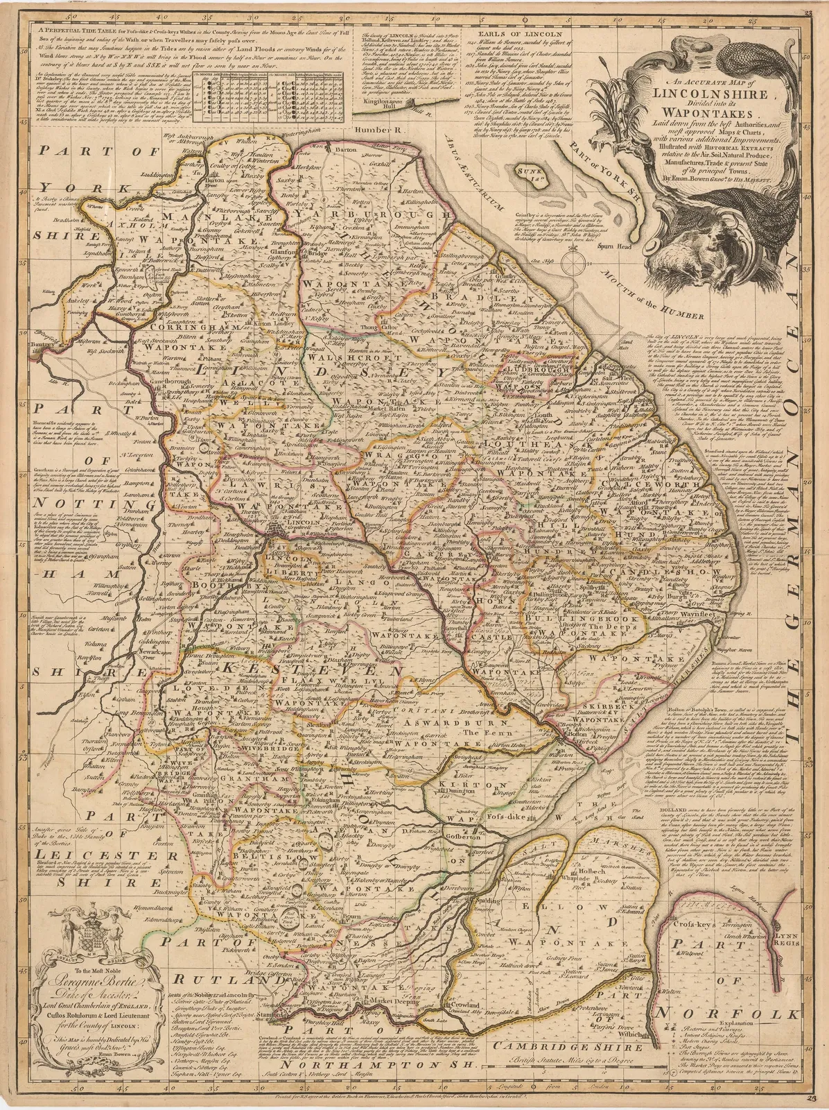 Emanuel Bowen, An Accurate Map of Lincolnshire Divided into its Wapontakes, 1760 c.