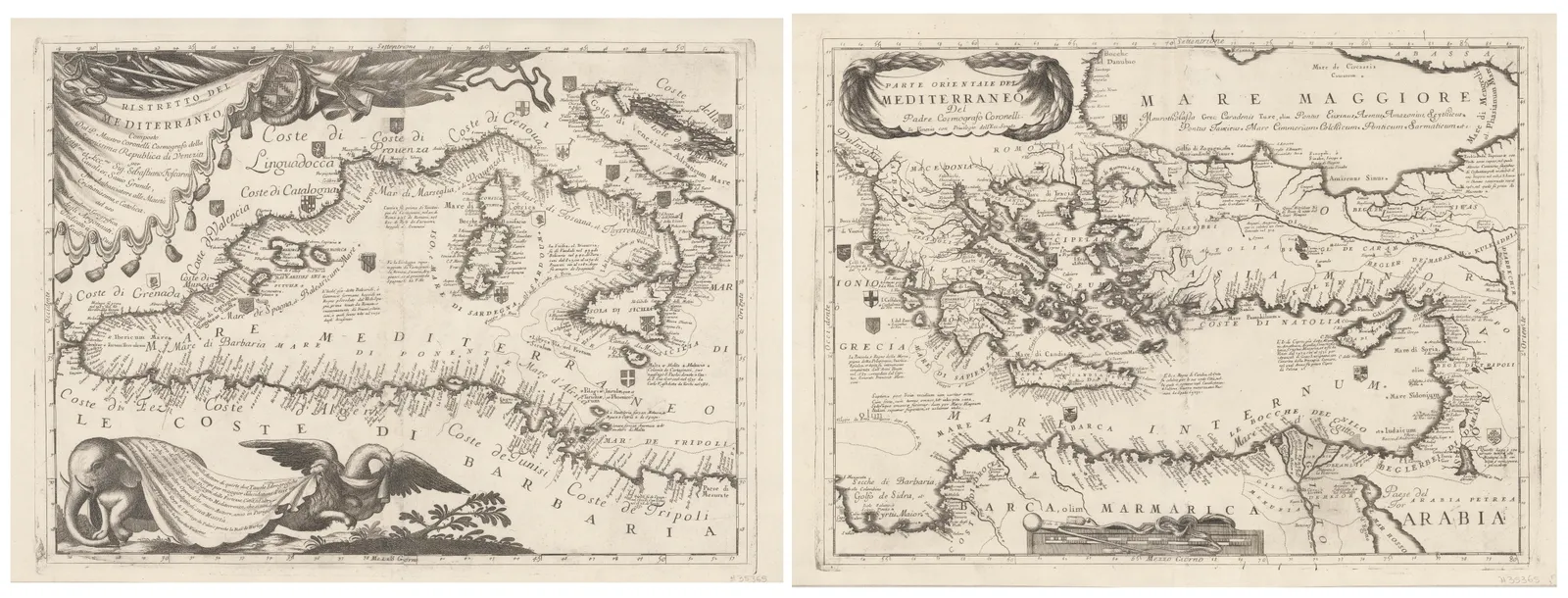 Vincenzo Coronelli, Two-sheet map of the Mediterranean, 1692 c.