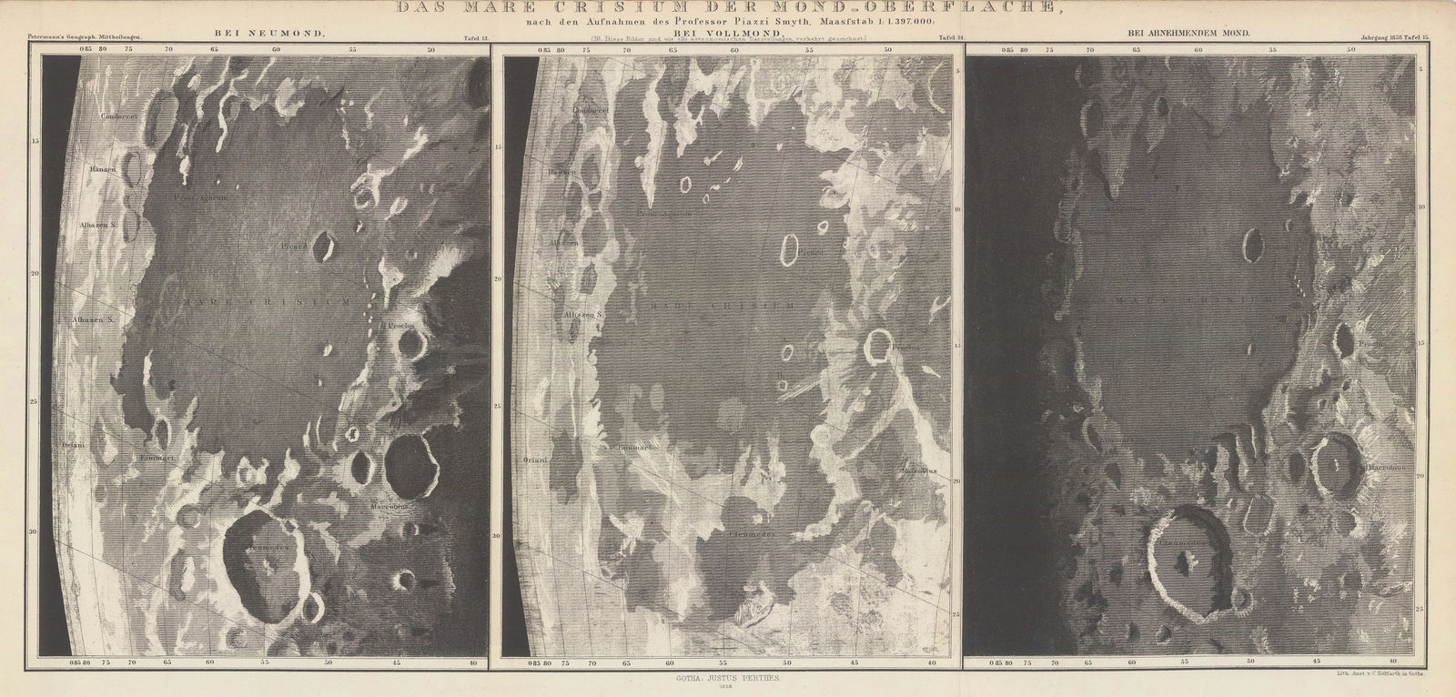 Justus Perthes, The Moon - Three Views of the Sea of Crises, 1858