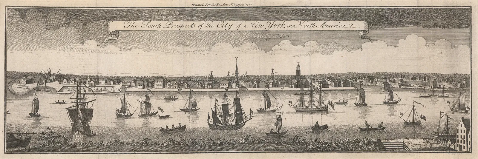 London Magazine, New York City - RARE Colonial Panorama from Brooklyn Heights, 1761