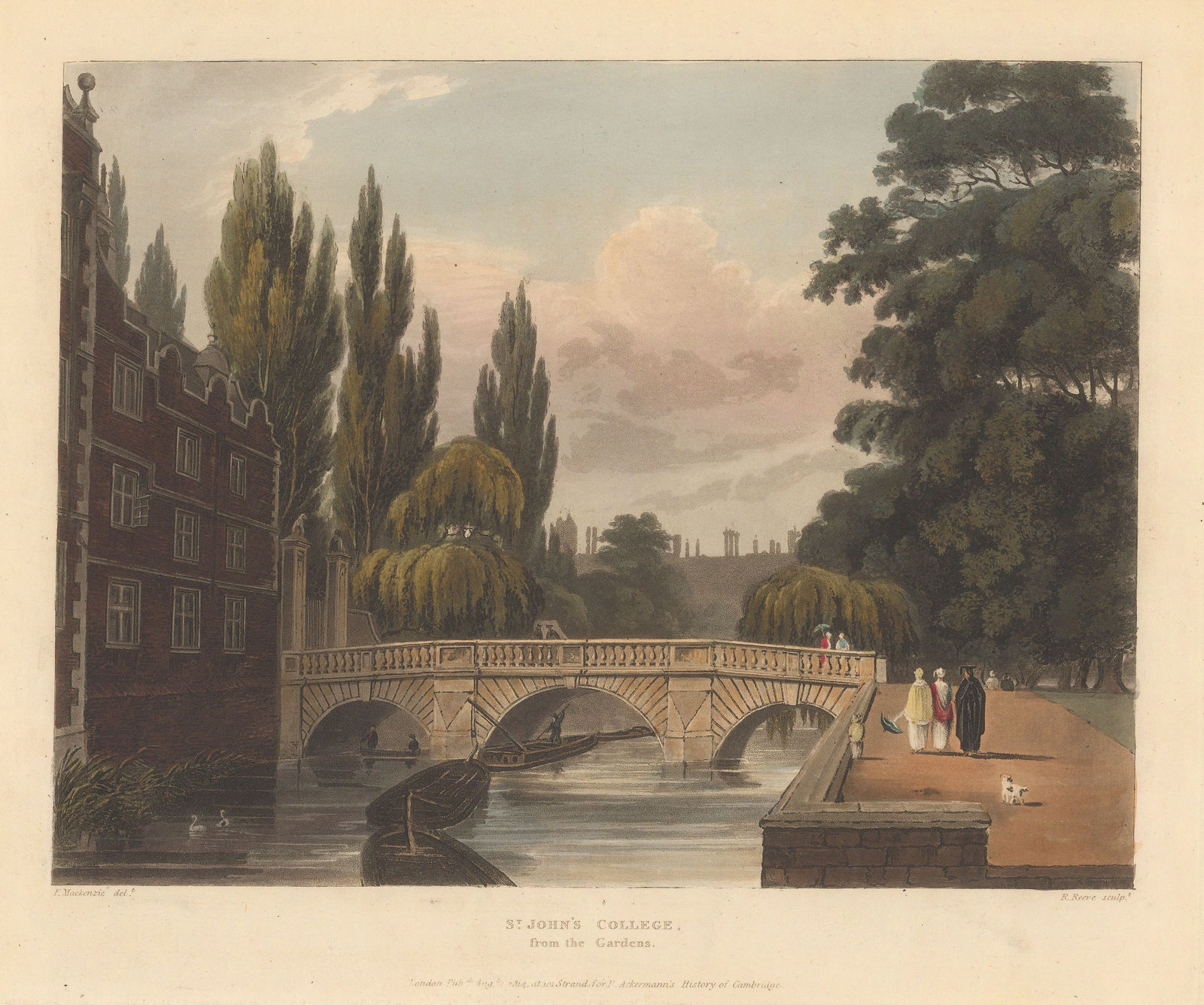 Rudolph Ackermann, Cambridge University - St. John's College from the Gardens, 1814