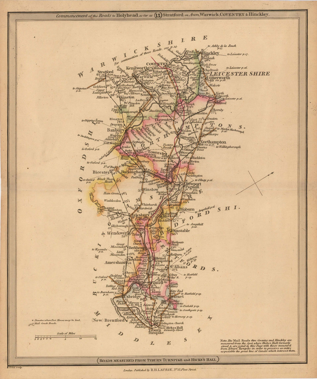 Richard Holmes Laurie, Commencement of the Roads to Holyhead, as far as (13) Stratford on Avon, Warwick, Coventry & Hinckley, 1838