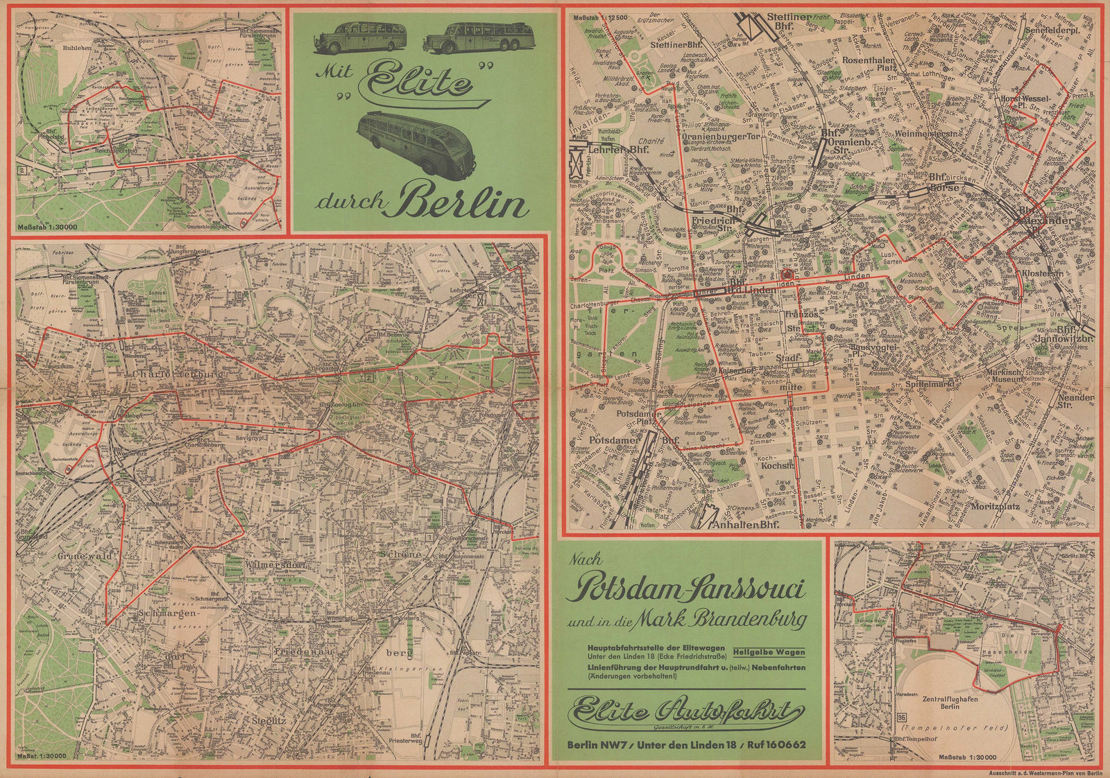 Elite Autofahrt GmbH, Berlin to Potsdam tour map, 1937 c.