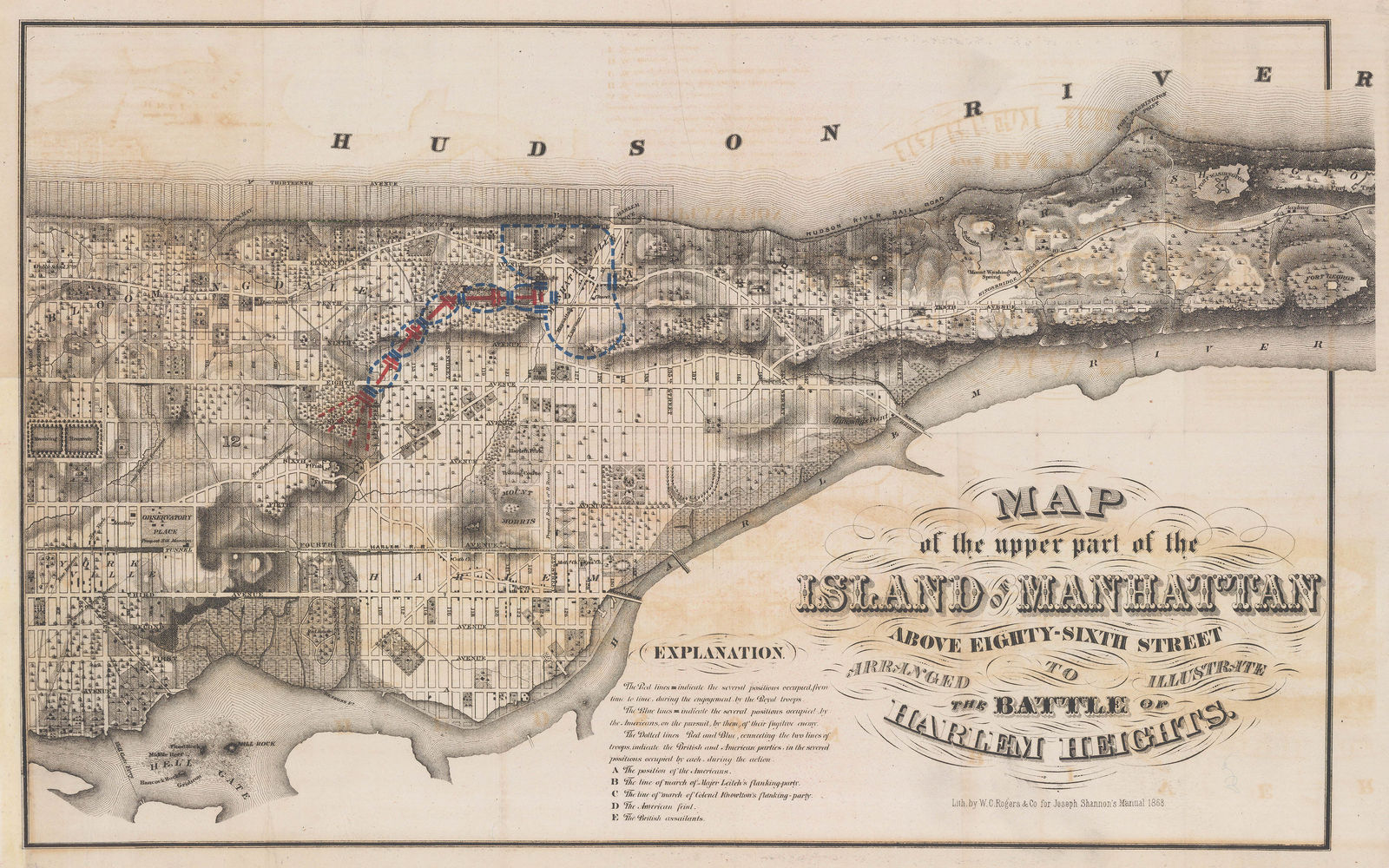 Joseph Shannon, Map of the Upper Part of the Island of Manhattan above eighty-sixth street arranged to illustrate the Battle of Harlem Heights, 1868