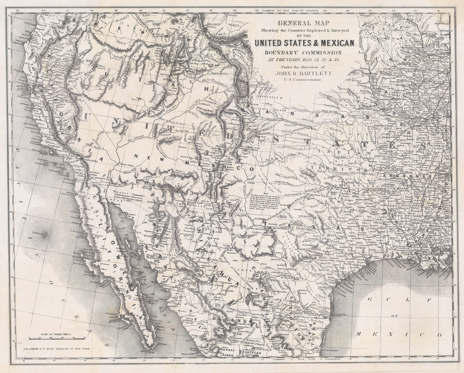 John Bartlett, General Map Showing the Countries Explored and Surveyed by the United States & Mexican Boundary Commission, 1854