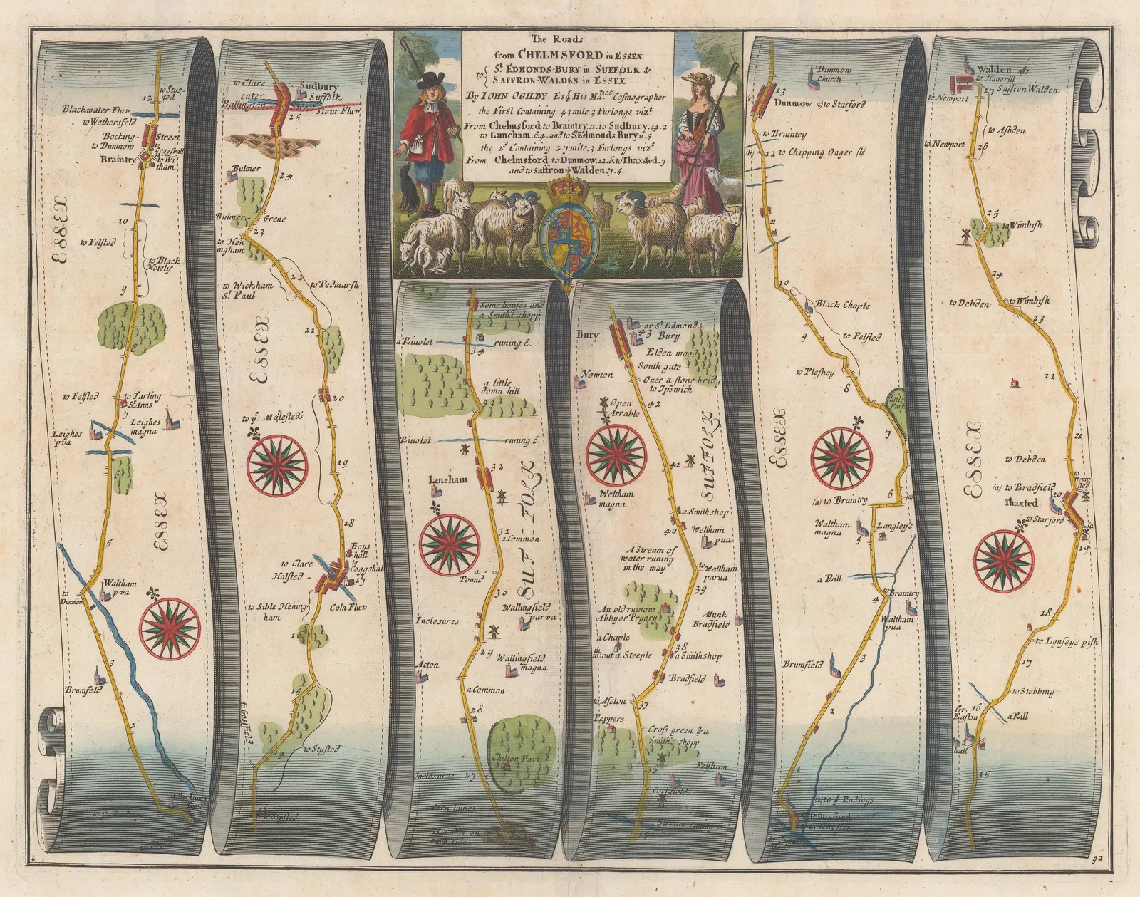 John Ogilby, The Roads from Chelmsford in Essex to St. Edmonds-Bury in Suffolk & Saffron-Walden in Essex, 1698