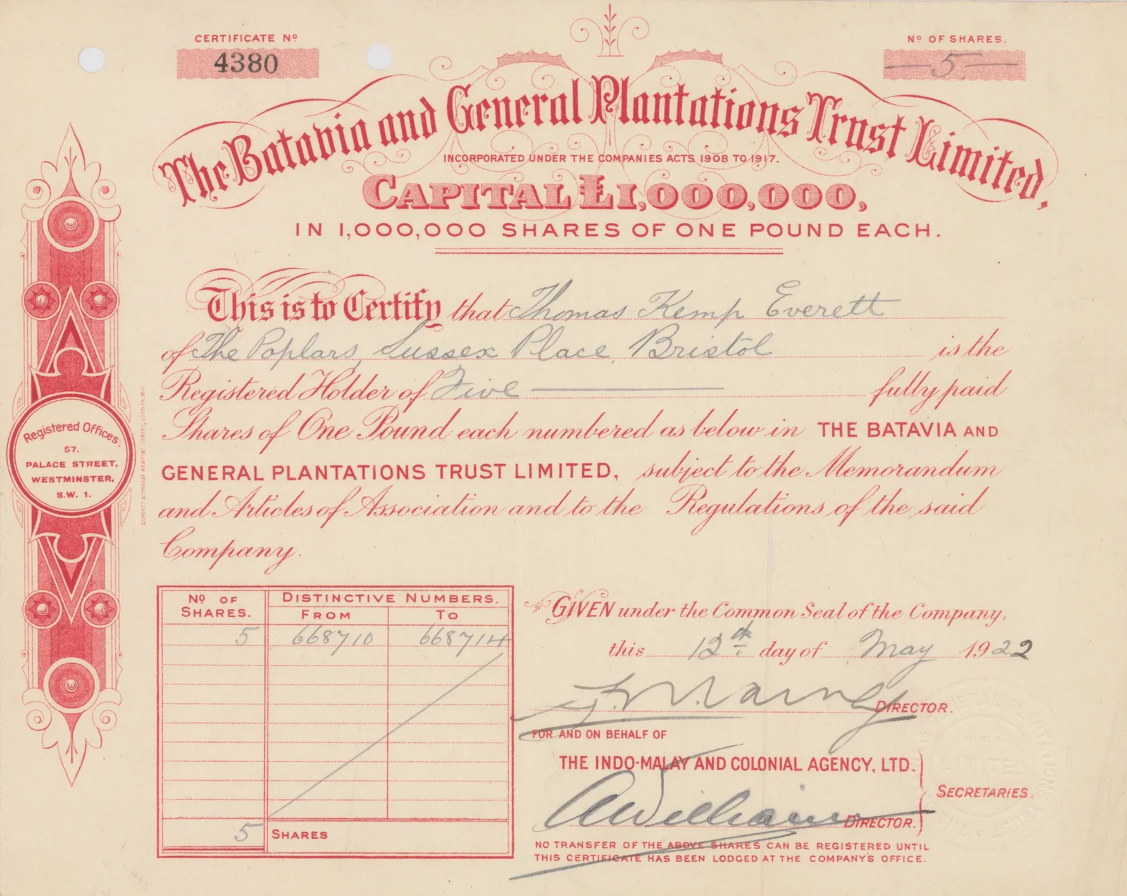 Indo-Malay & Colonial Agency Ltd., Stocks & Bonds - Thailand, Batavia and General Plantations Trust Ltd, 1922