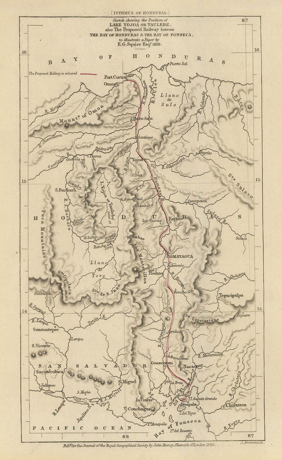 Royal Geographical Society (RGS), Honduras & El Salvador showing the proposed railway from Puerto Cortés to Amapala, 1859