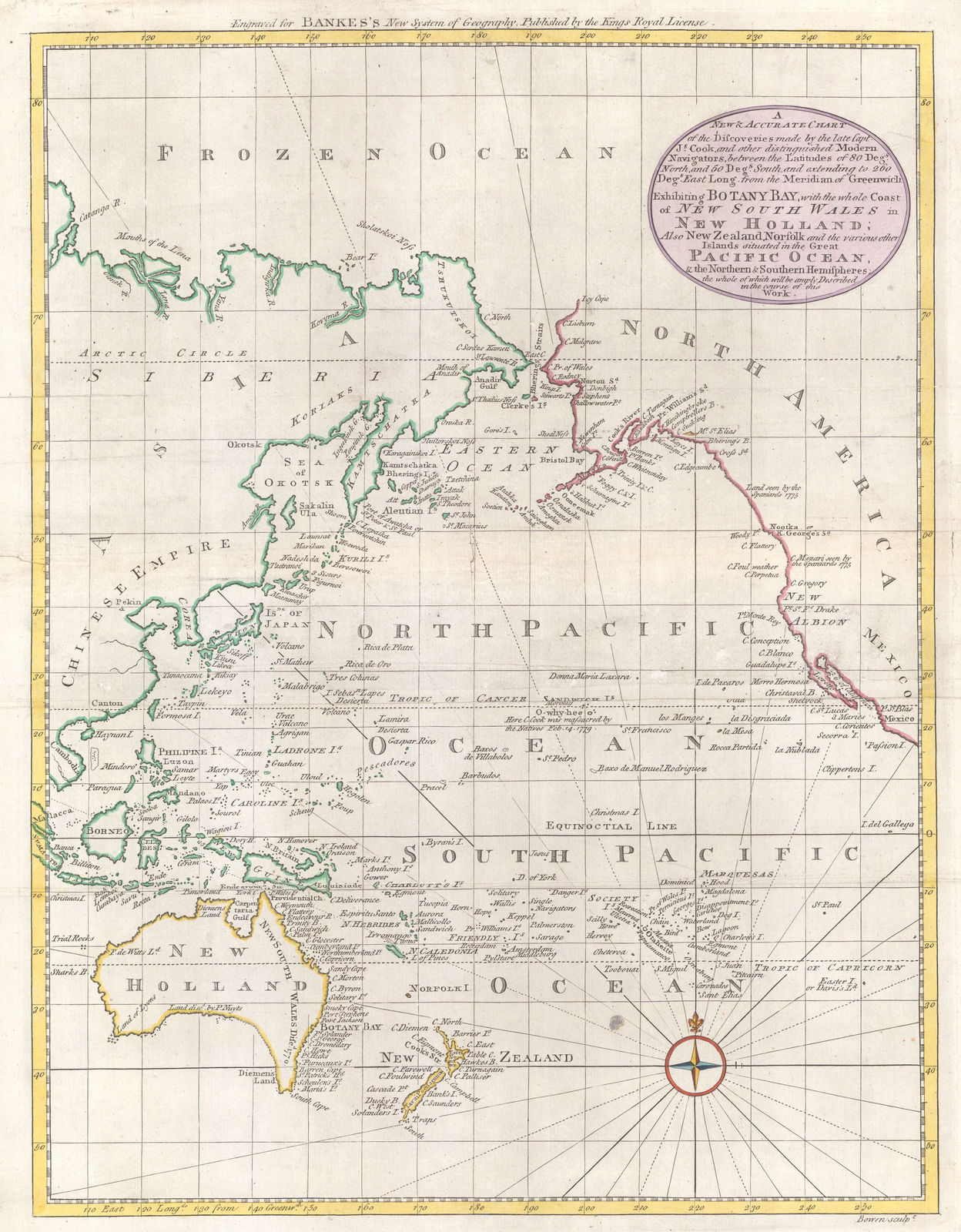 Emanuel Bowen, Chart of the Pacific Ocean with voyages of Captain James Cook, 1790 c.