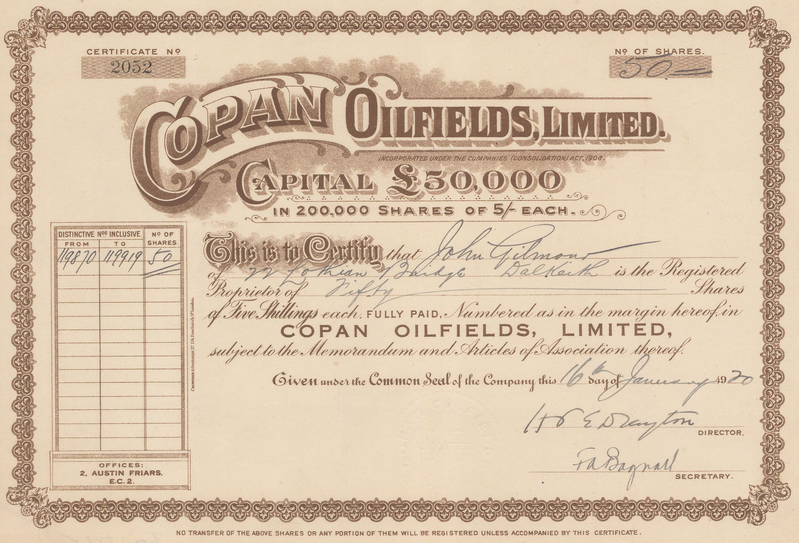 Copan Oilfields Ltd., Stocks & Bonds - Belize, Copan Oilfields Ltd, 1920 c.