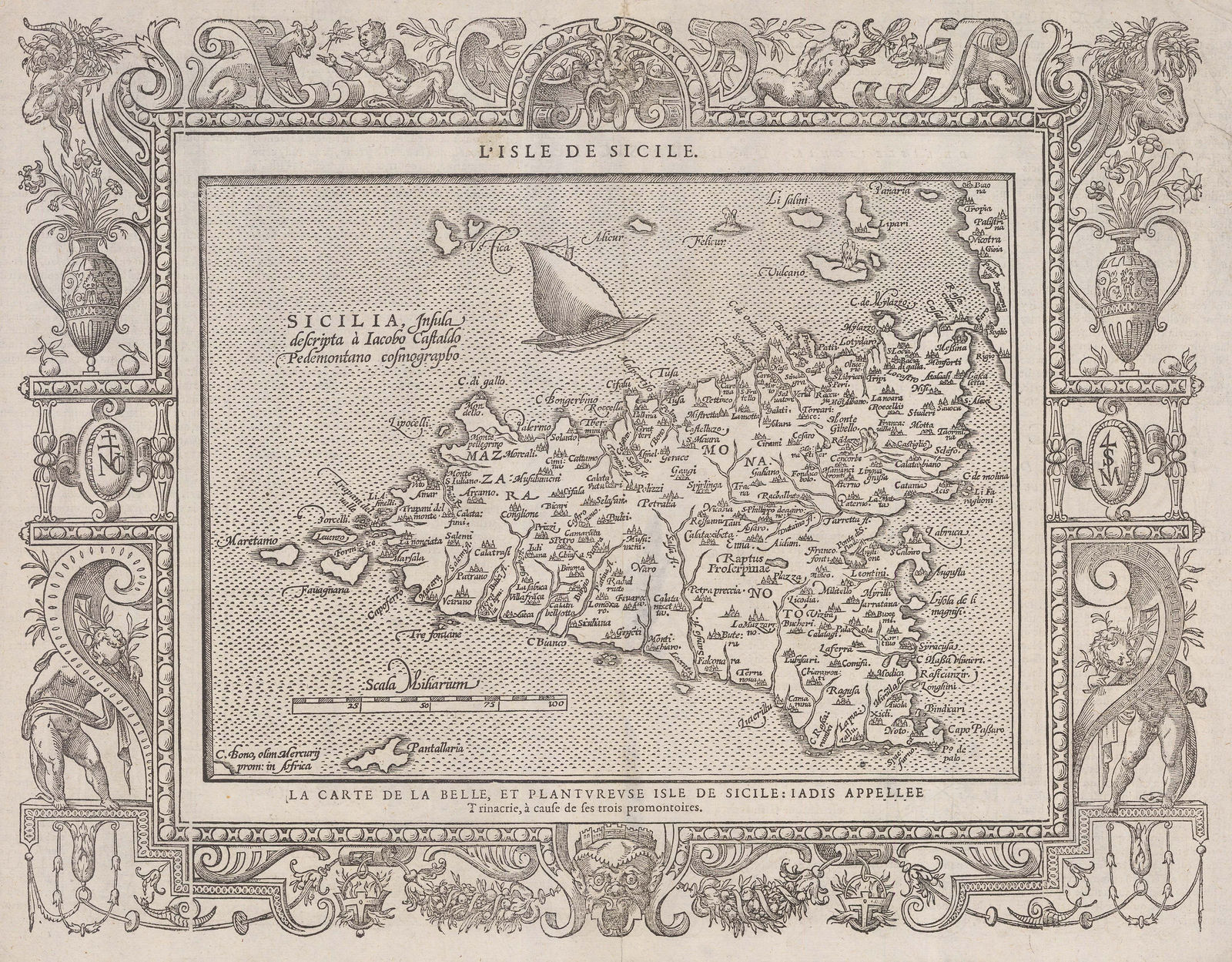 Francois Belleforest, Early map of Sicily, 1575