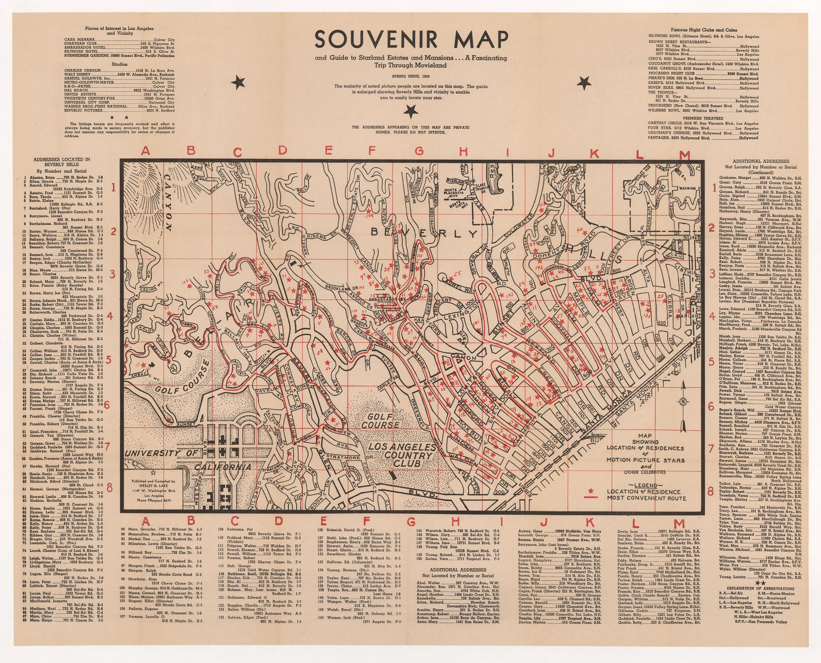 Wesley G. Lake, Souvenir Map and Guide to Starland Estates and Mansions... A Fascinating Trip Through Movieland, 1943
