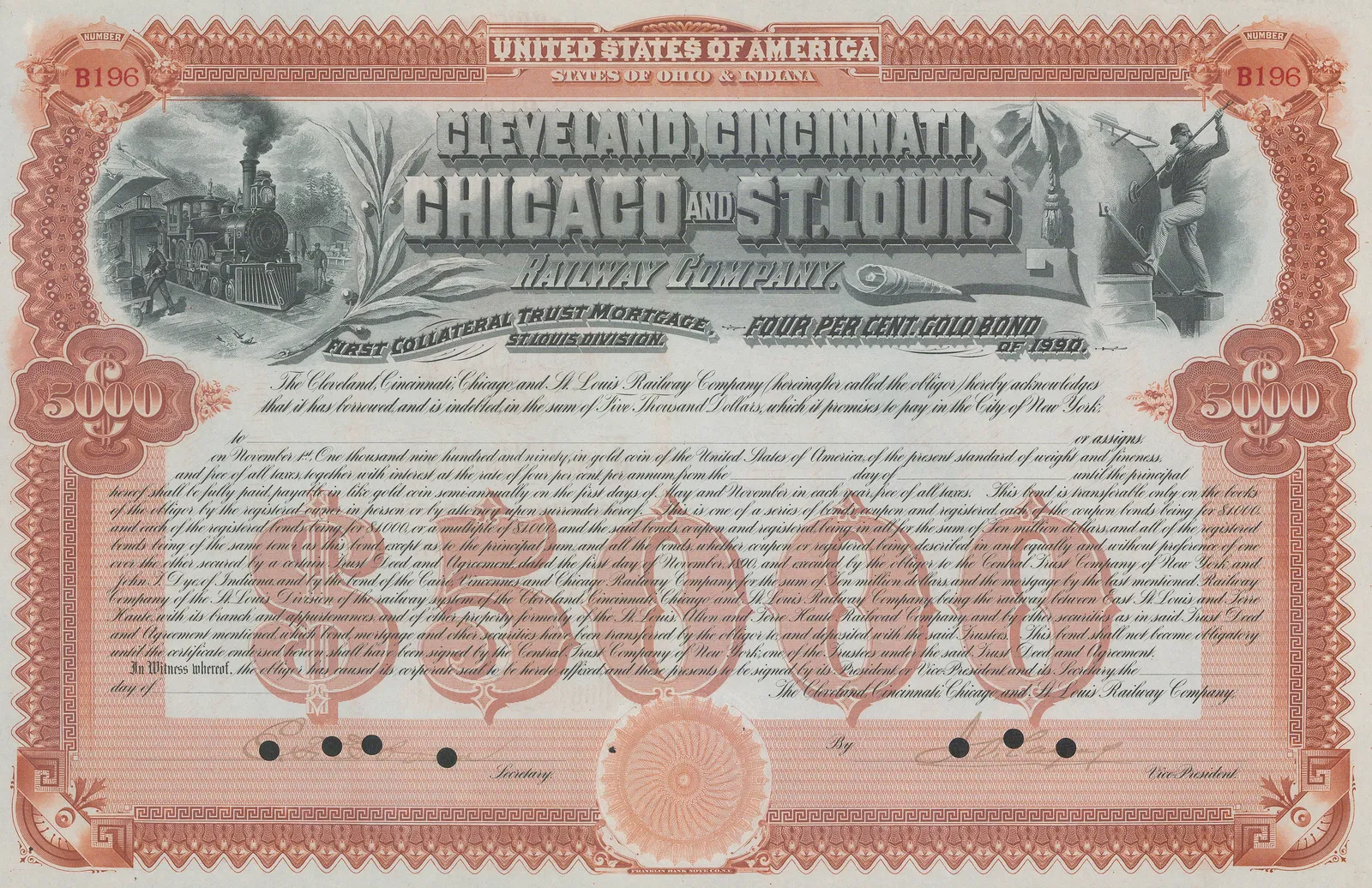 Franklin Bank Note Co., Stocks & Bonds - USA, Cleveland, Cincinnati, Chicago & St. Louis Railway, 1890 c.