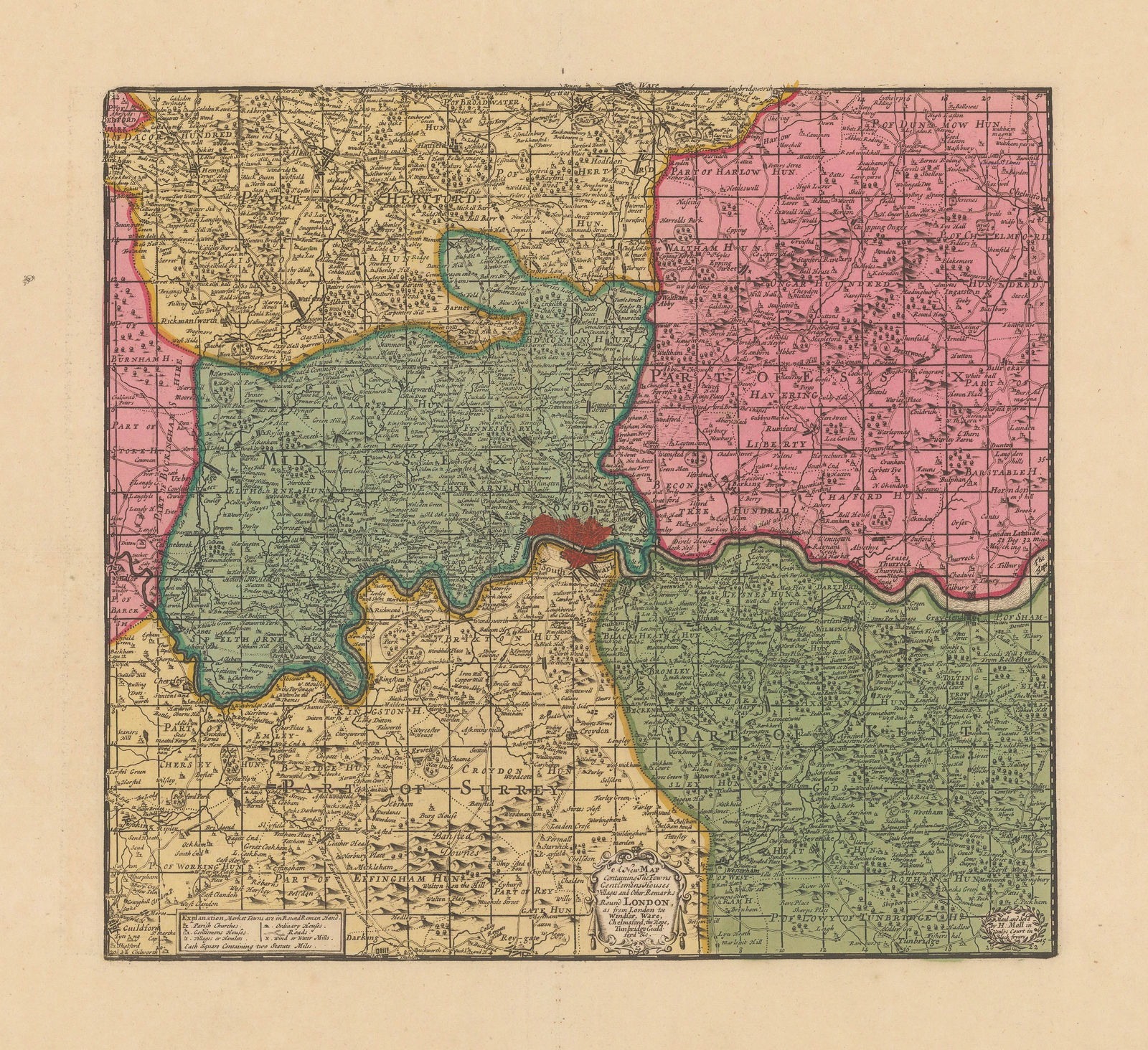 Herman Moll, London and its Environs 20 Miles Around, 1700 c.