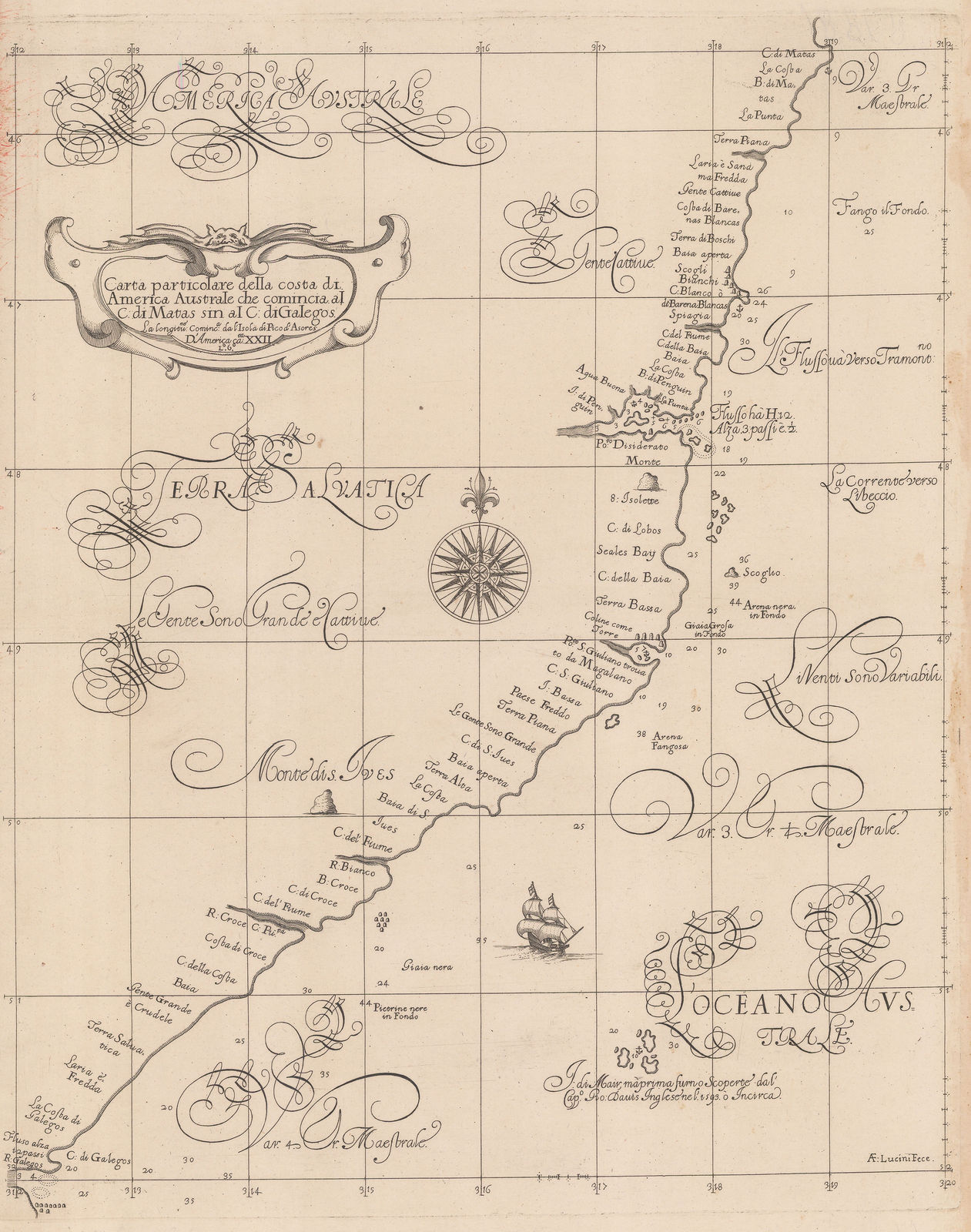 Robert Dudley, Chart of the coast of Patagonia from Rio Gallegos to Cabo Blanco, 1661