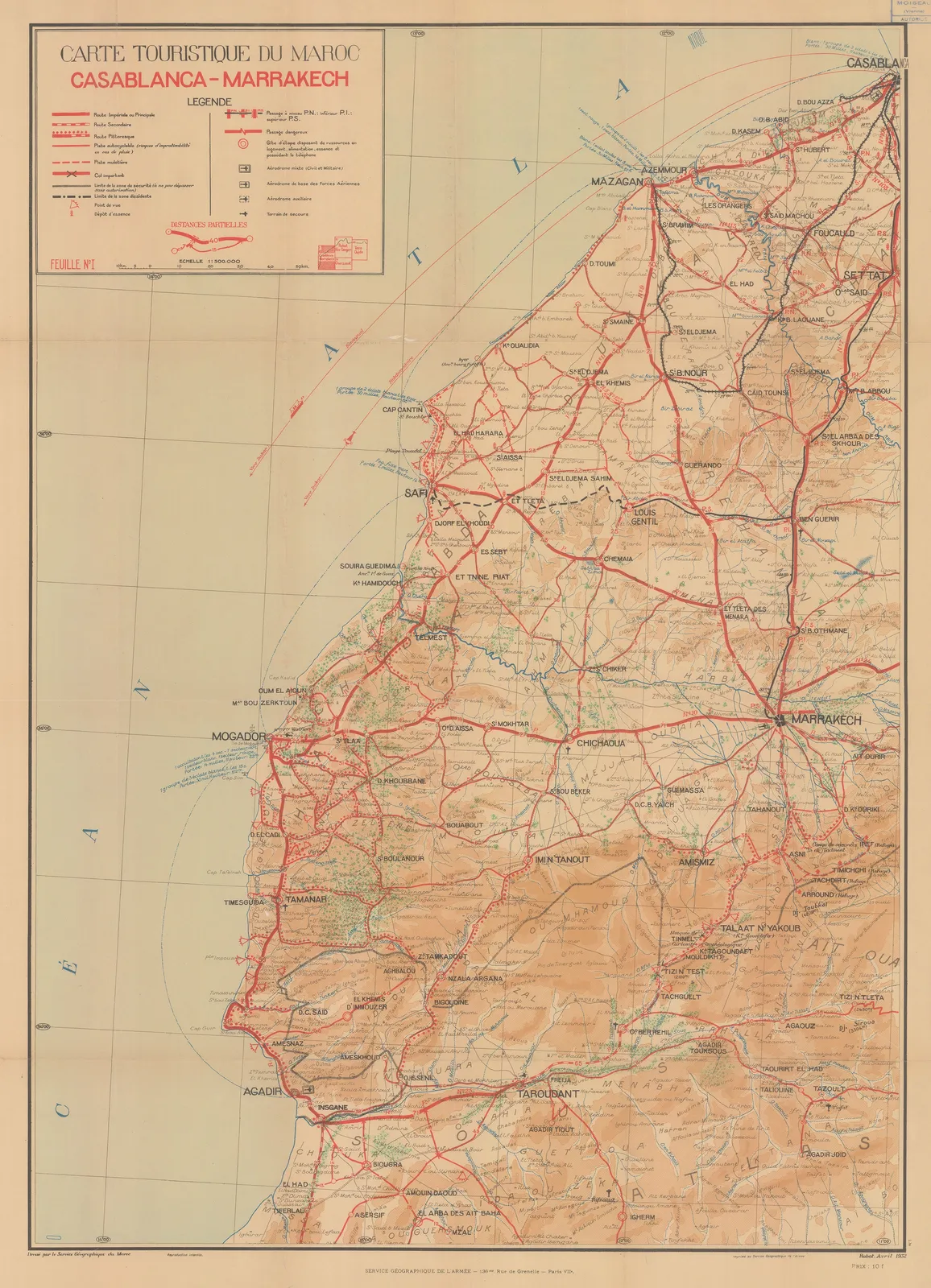 Service Géographique de l'Armée, Vintage map of Western Morocco, 1932