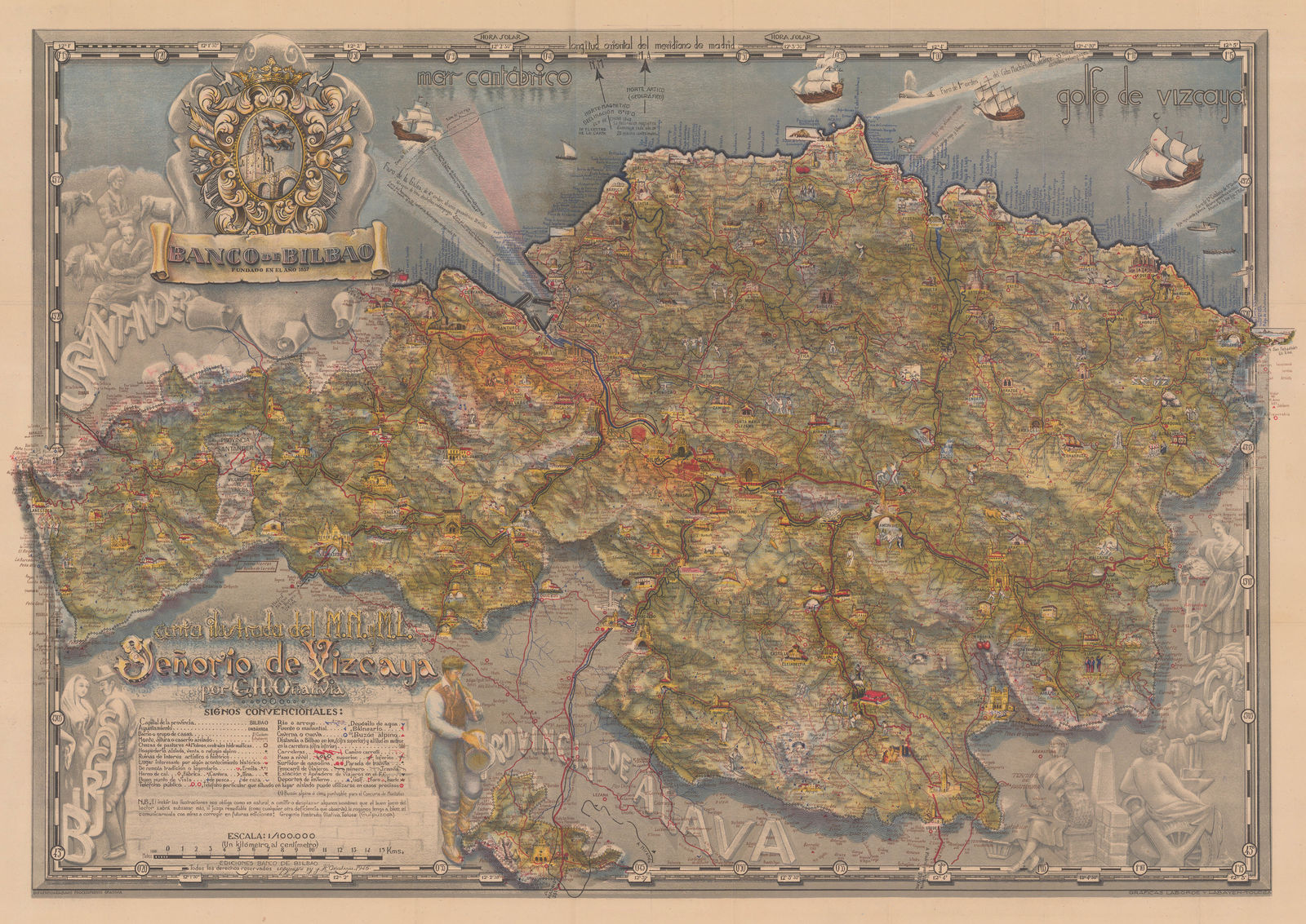 Gregario Hombrados Oñativia, Pictorial Map of Biscay (Vizcaya), 1946
