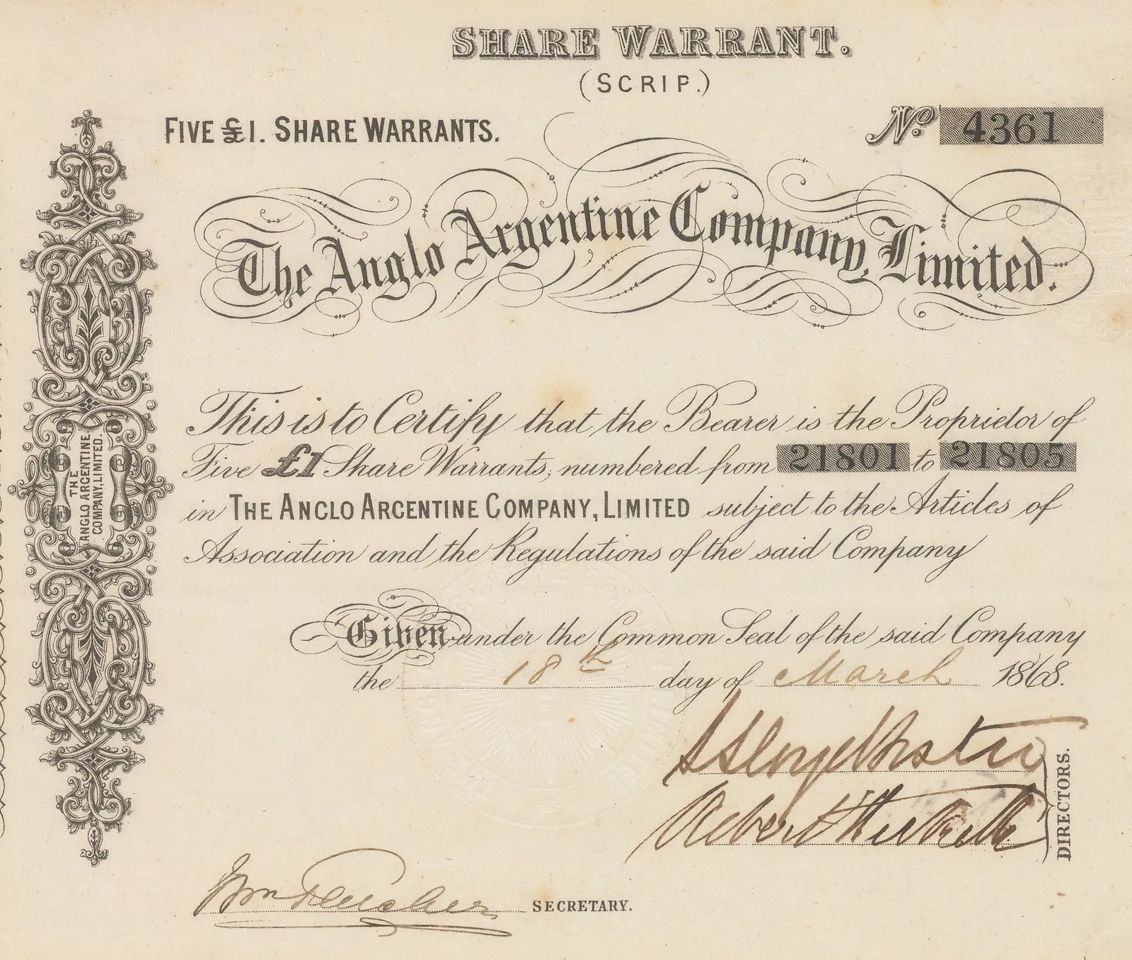 Anglo Argentine Company Ltd., Stocks & Bonds - Anglo Argentine Company Ltd, 1868