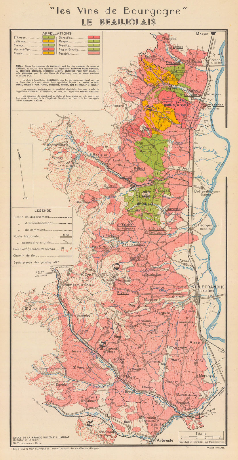 Louis Larmat, Wine map of Beaujolais, Burgundy, 1947 c.