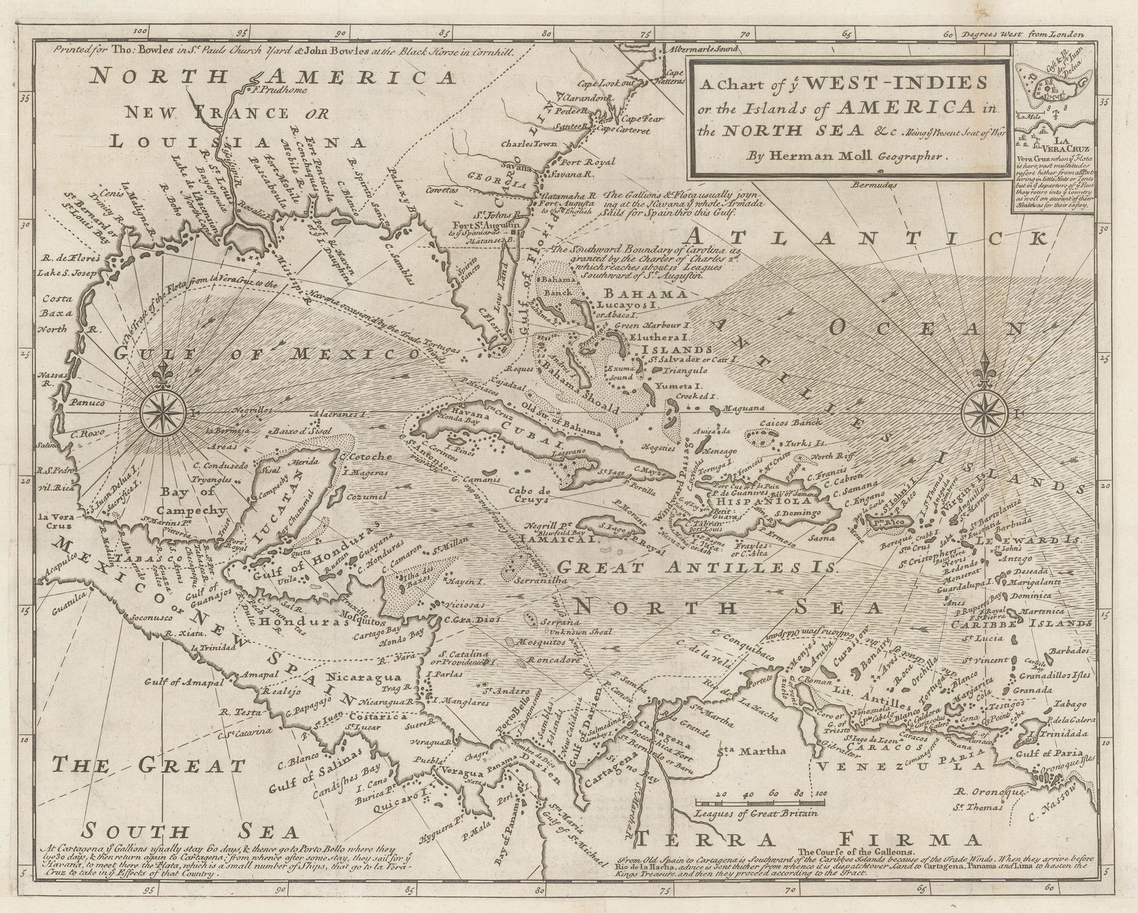 Herman Moll, Chart of the Caribbean or the West Indies, 1740