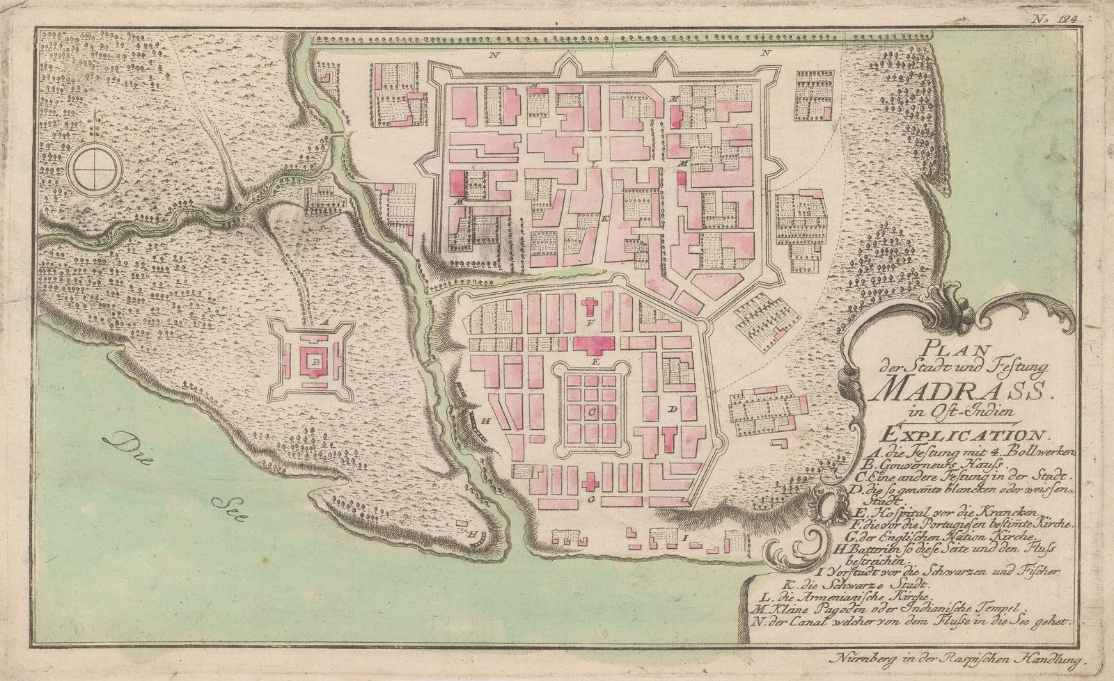 Gabriel Nikolaus Raspe, Scarce map of Chennai (Madras), 1760 c.