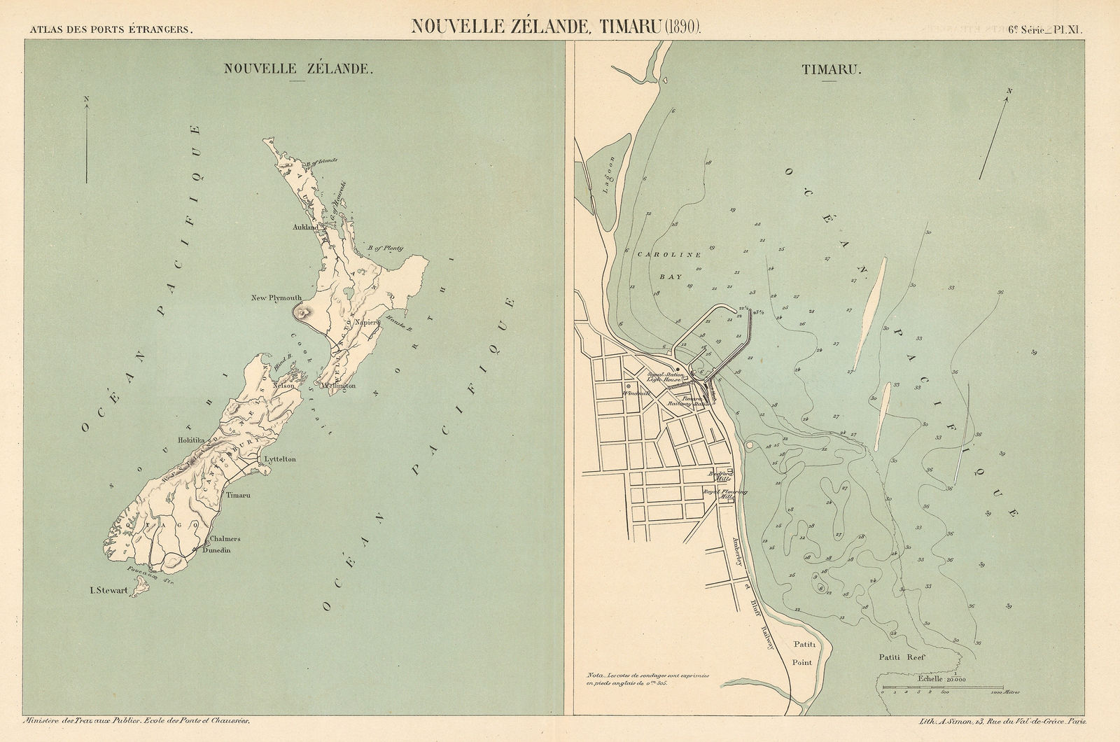 A. Simon, Timaru and port map of New Zealand, 1890