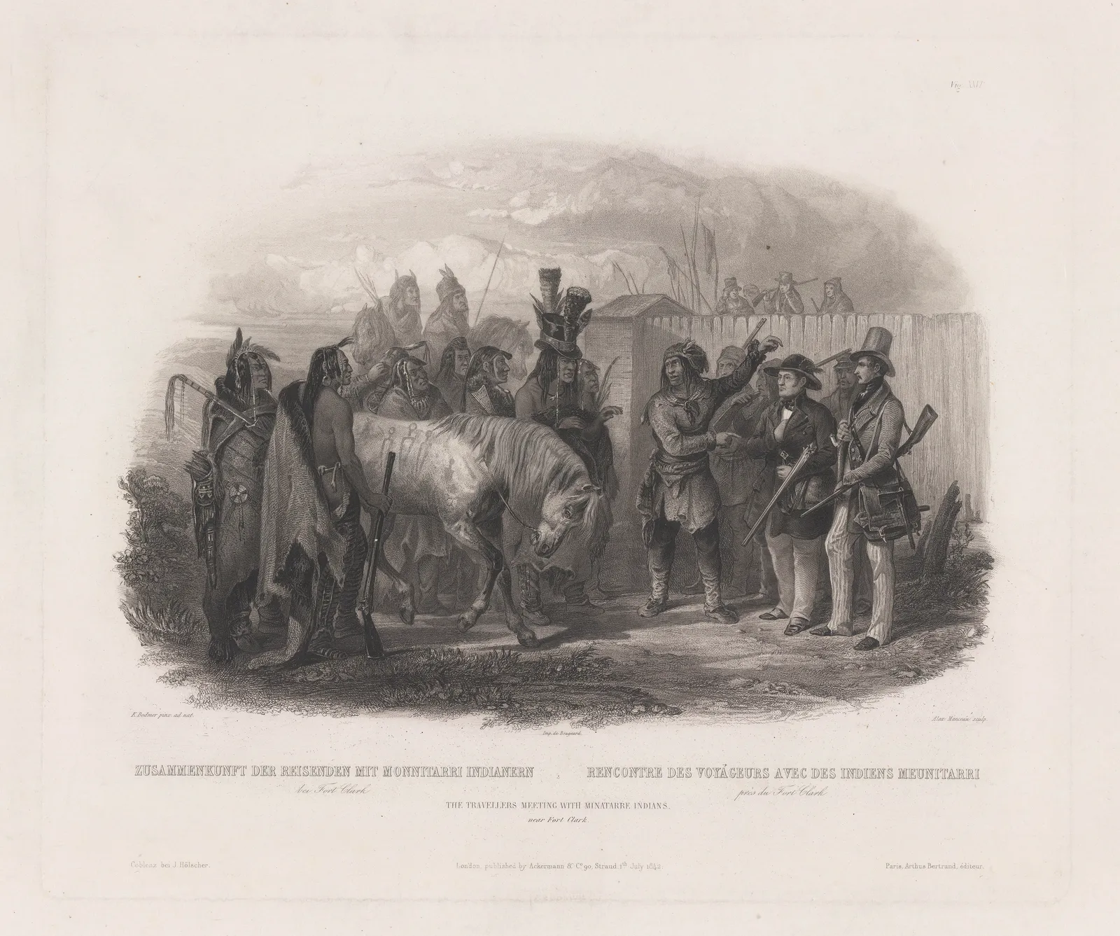 Karl Bodmer, Native Americans - Minatarre Indians meeting European travellers, 1842 c.