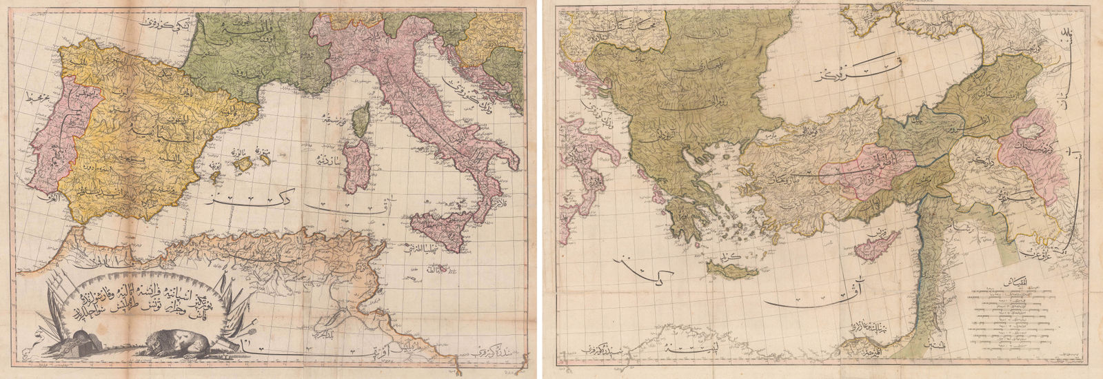 Mahmoud Raif Efendi, Rare Two-Sheet Ottoman Map of the Mediterranean, 1804
