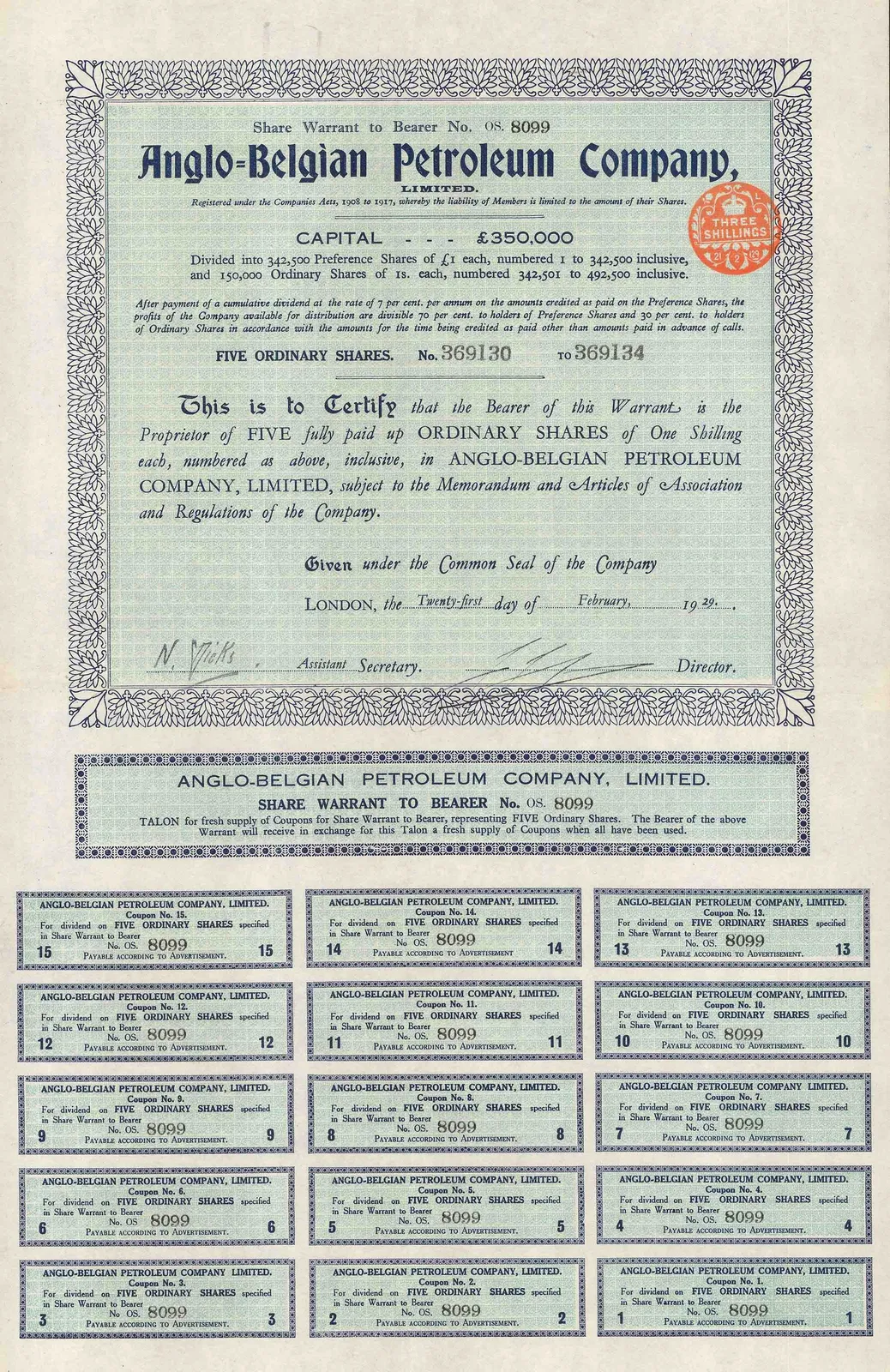Anglo-Belgian Petroleum Company Ltd., Stocks & Bonds - Anglo Belgian Petroleum Company, 1929