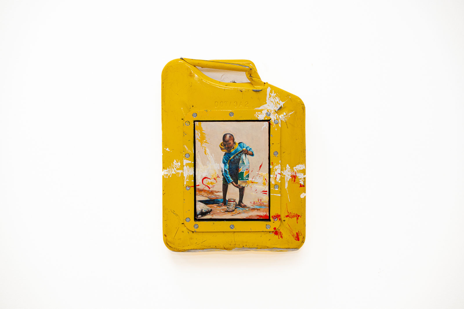 Dr. Willie Bester, Yellow can boy playing with water, 2022