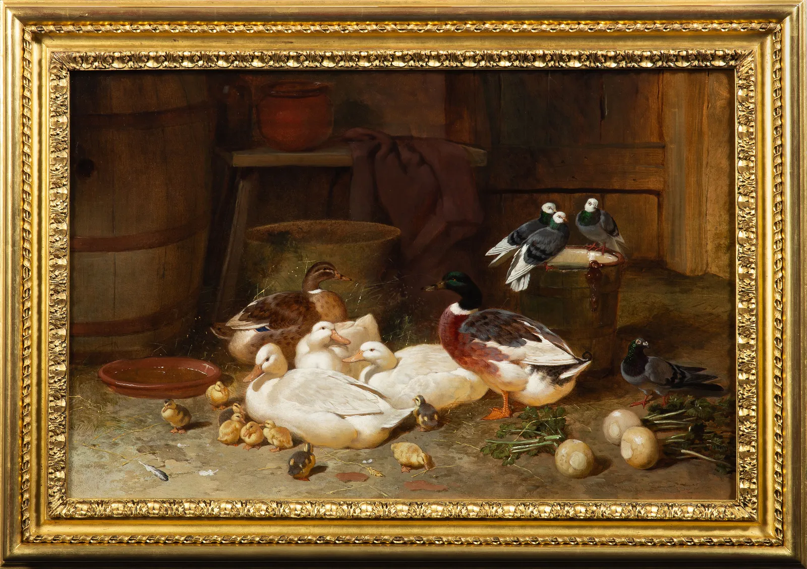 John Frederick Herring Snr (Surrey 1795-1863 Kent), Ducks and Pigeons in a Barn Interior